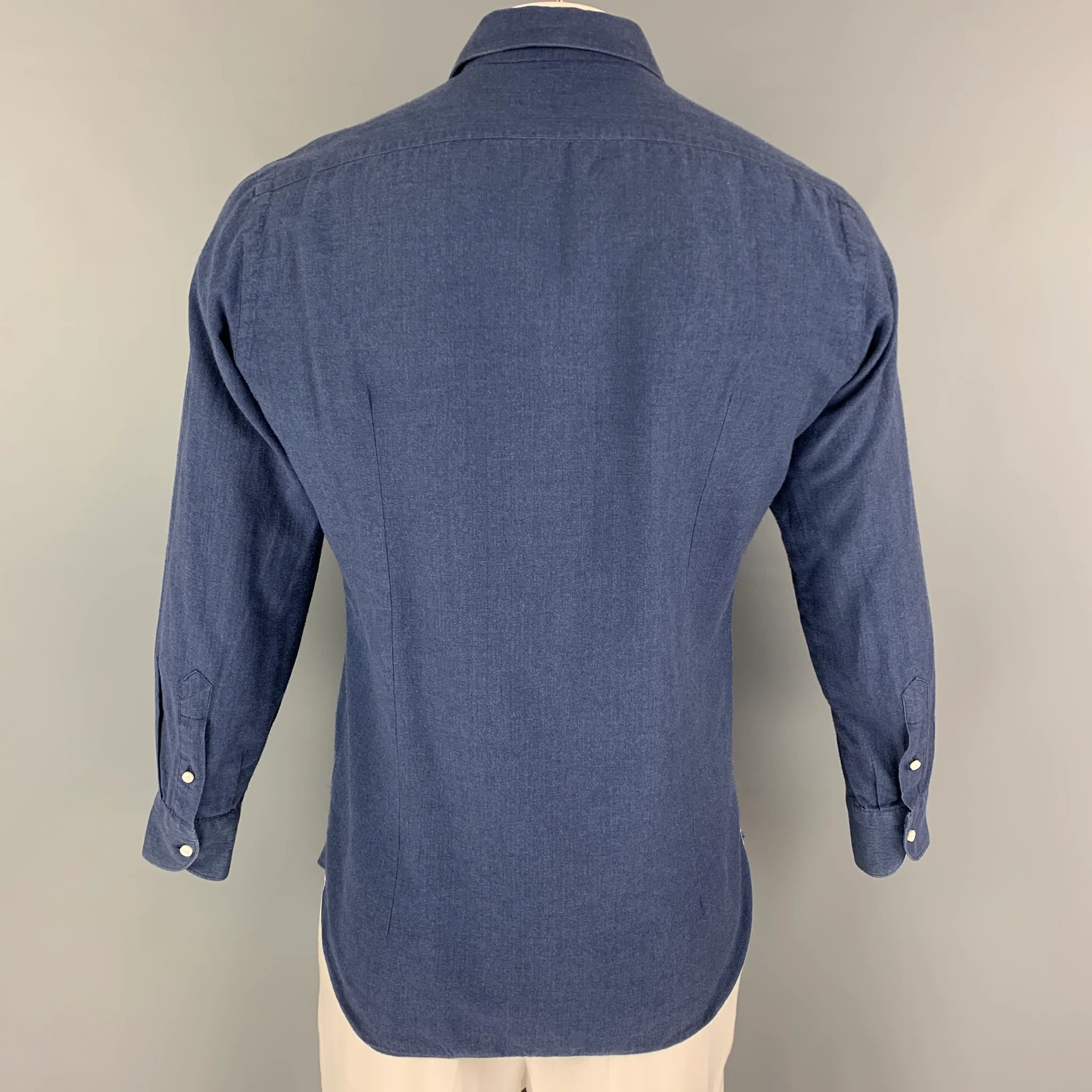 LORO PIANA Size M Blue Cotton Button Up Long Sleeve Shirt - Image 3