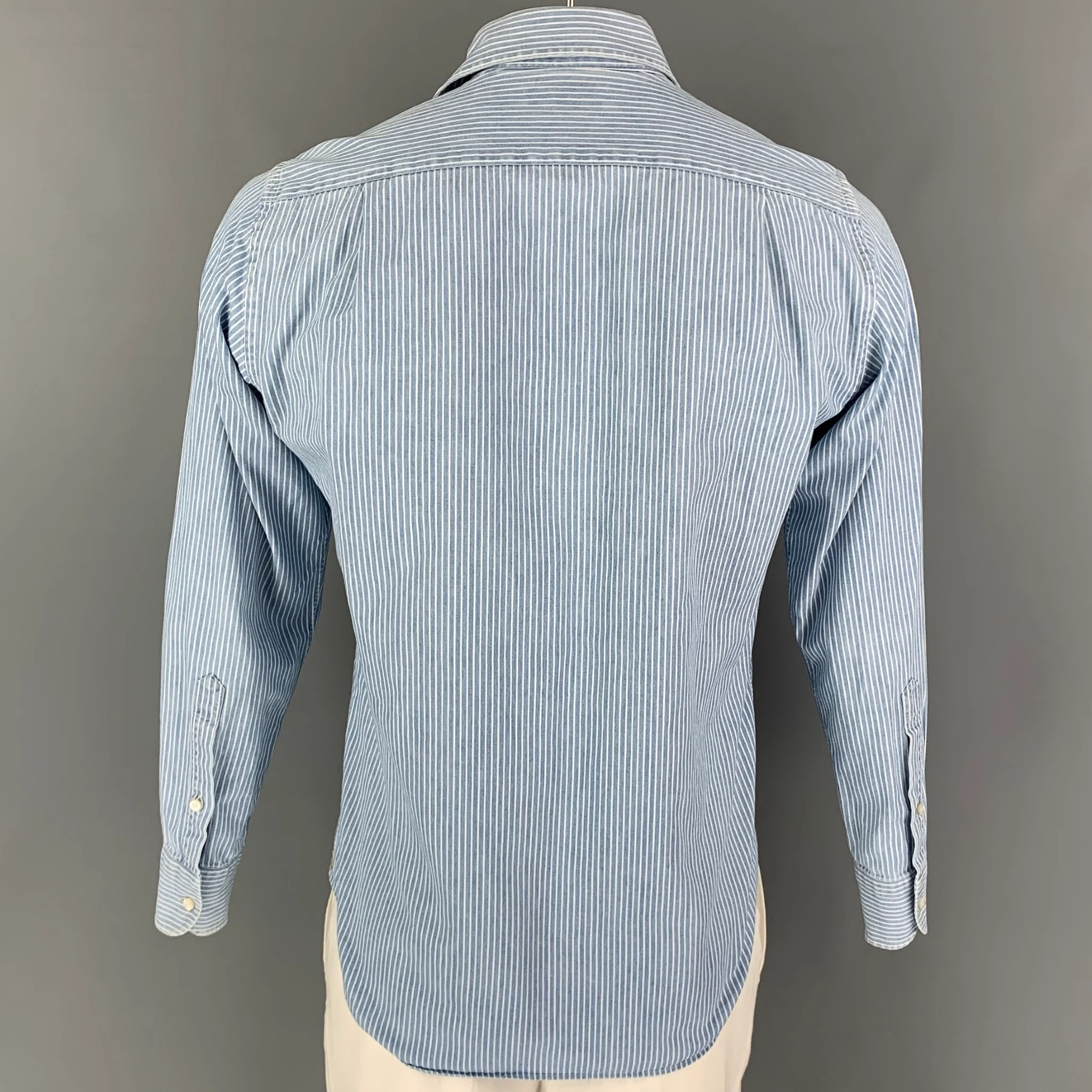 LORO PIANA Size M Blue White Stripe Cotton Button Up Long Sleeve Shirt - Image 3