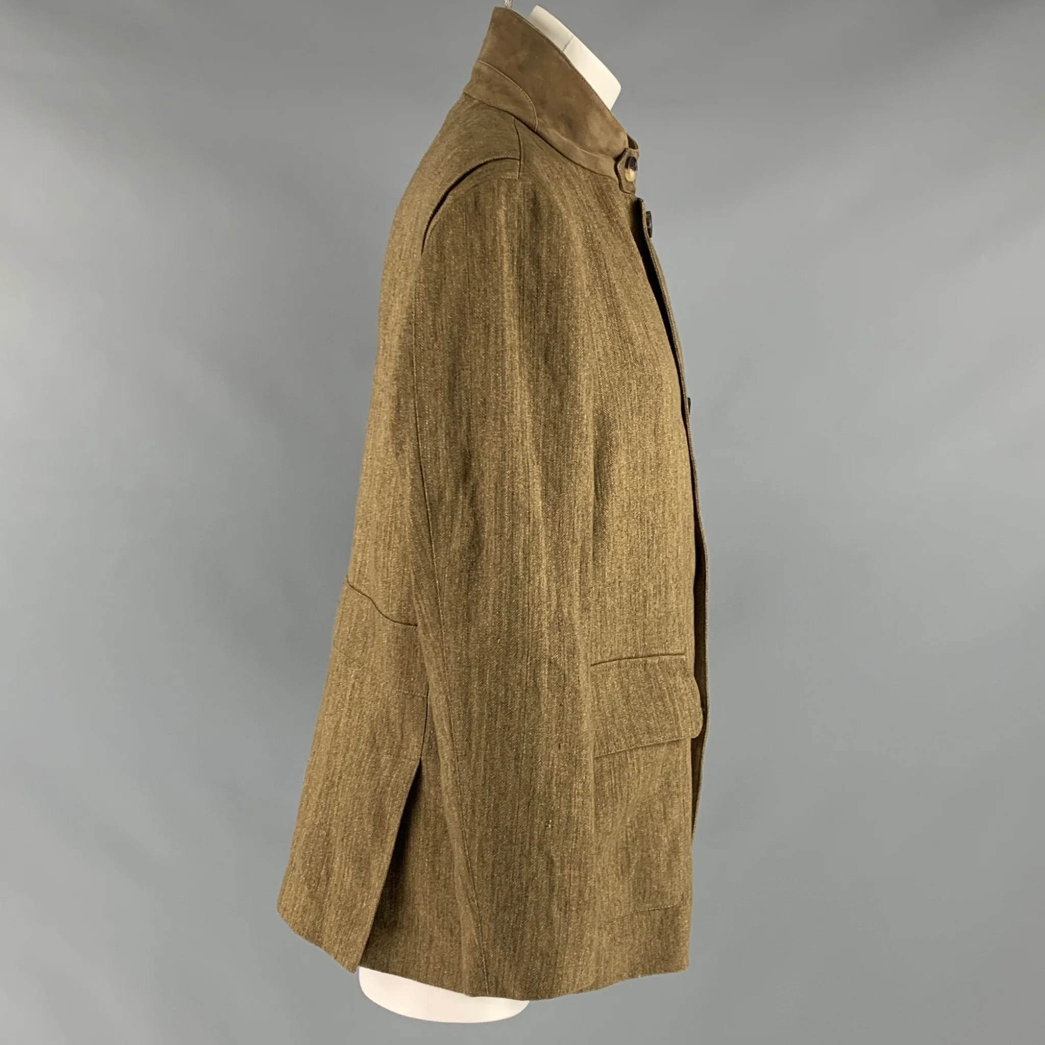 LORO PIANA Size S Brown Olive Flax Herringbone Zip Up Coat - Image 2