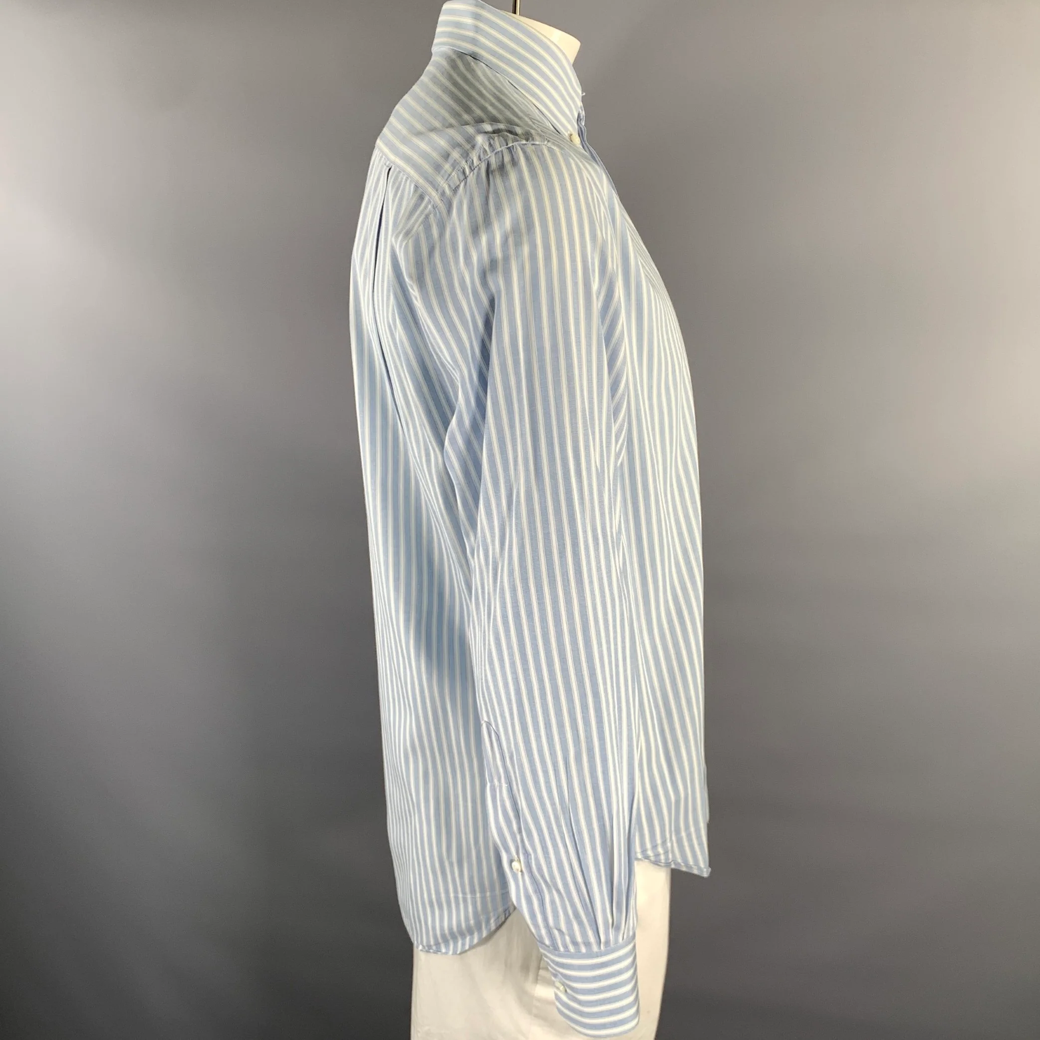 LORO PIANA Size XL Blue White Stripe Cotton Button Down Long Sleeve Shirt - Image 3