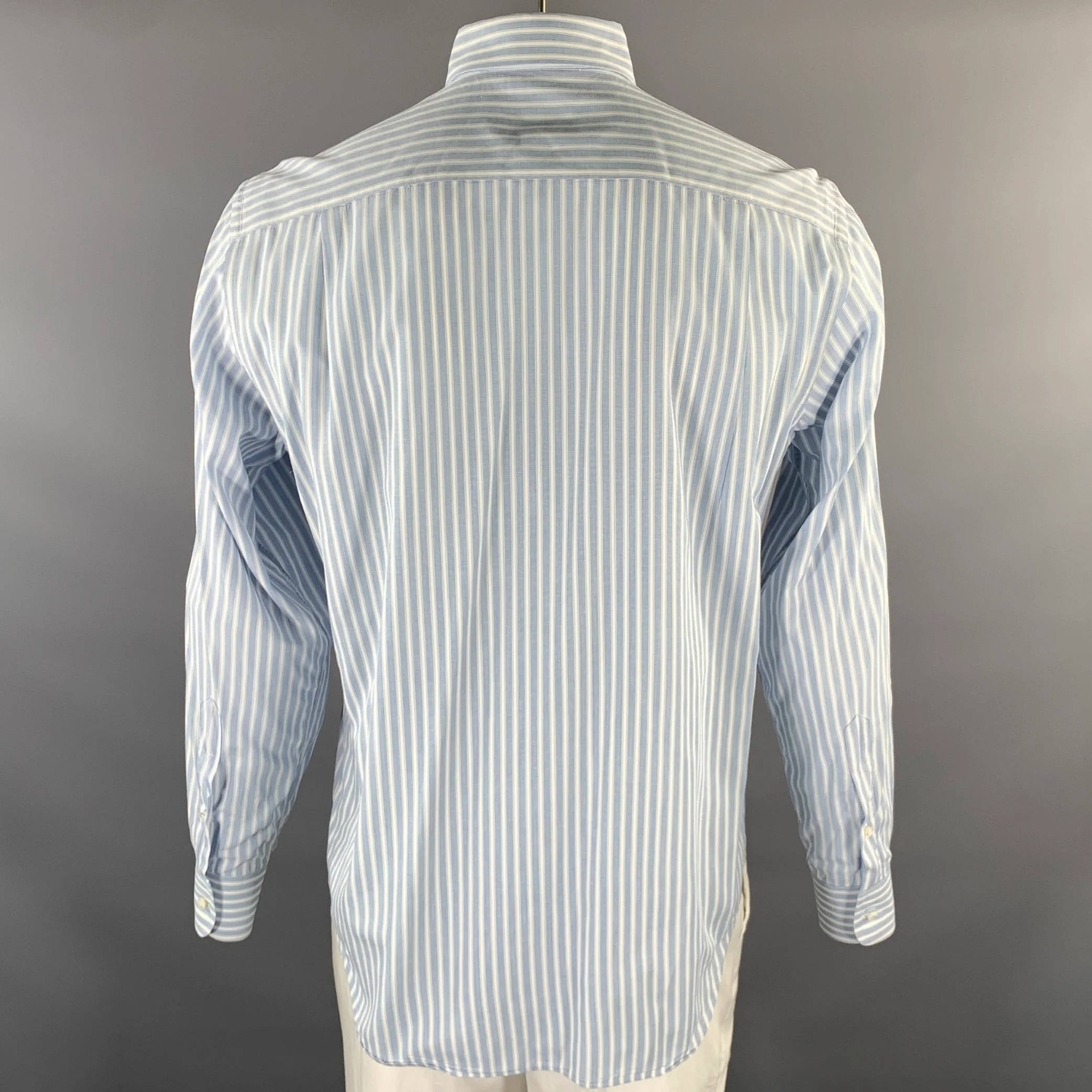 LORO PIANA Size XL Blue White Stripe Cotton Button Down Long Sleeve Shirt - Image 4