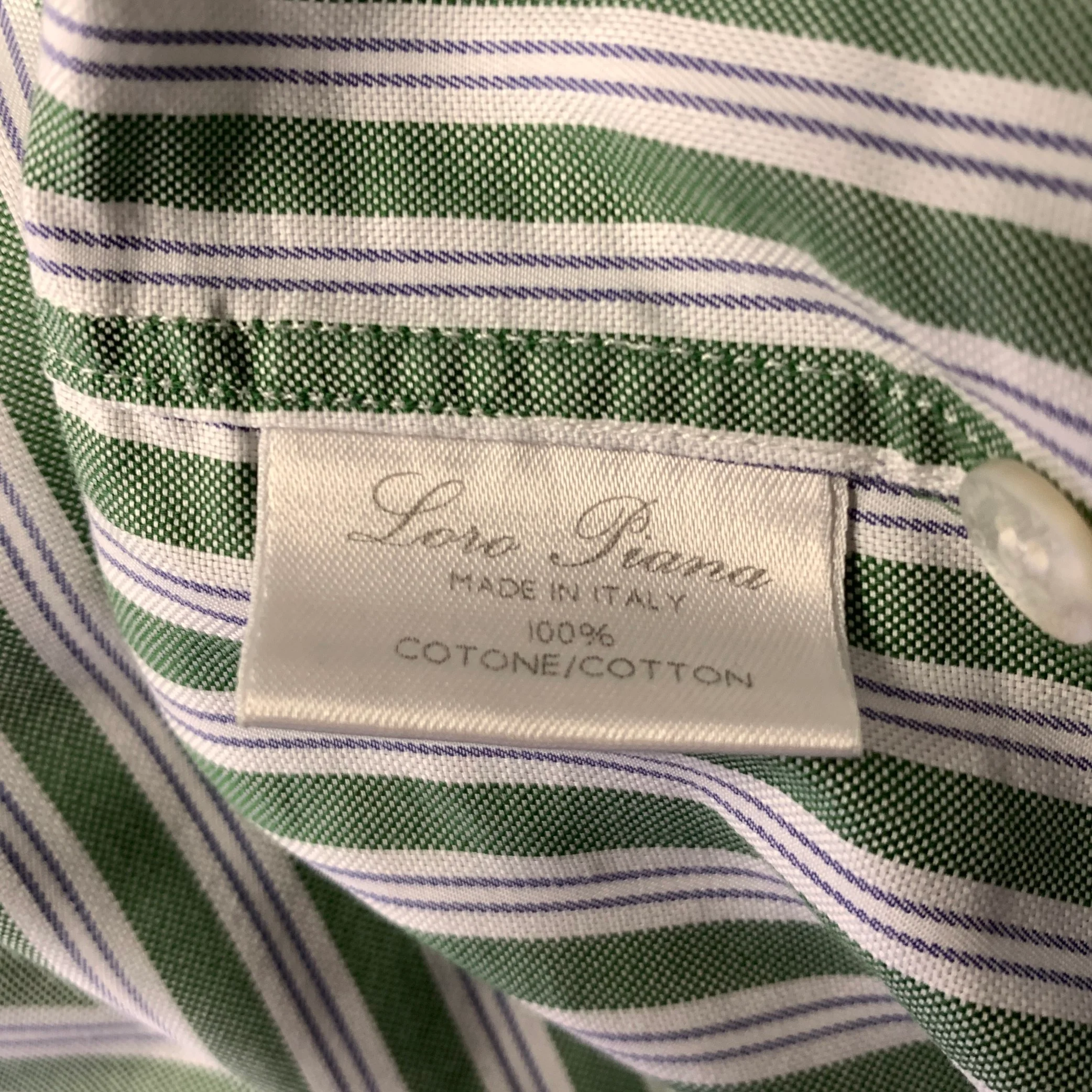 LORO PIANA Size XL White Green Blue Stripe Cotton Long Sleeve Shirt - Image 6