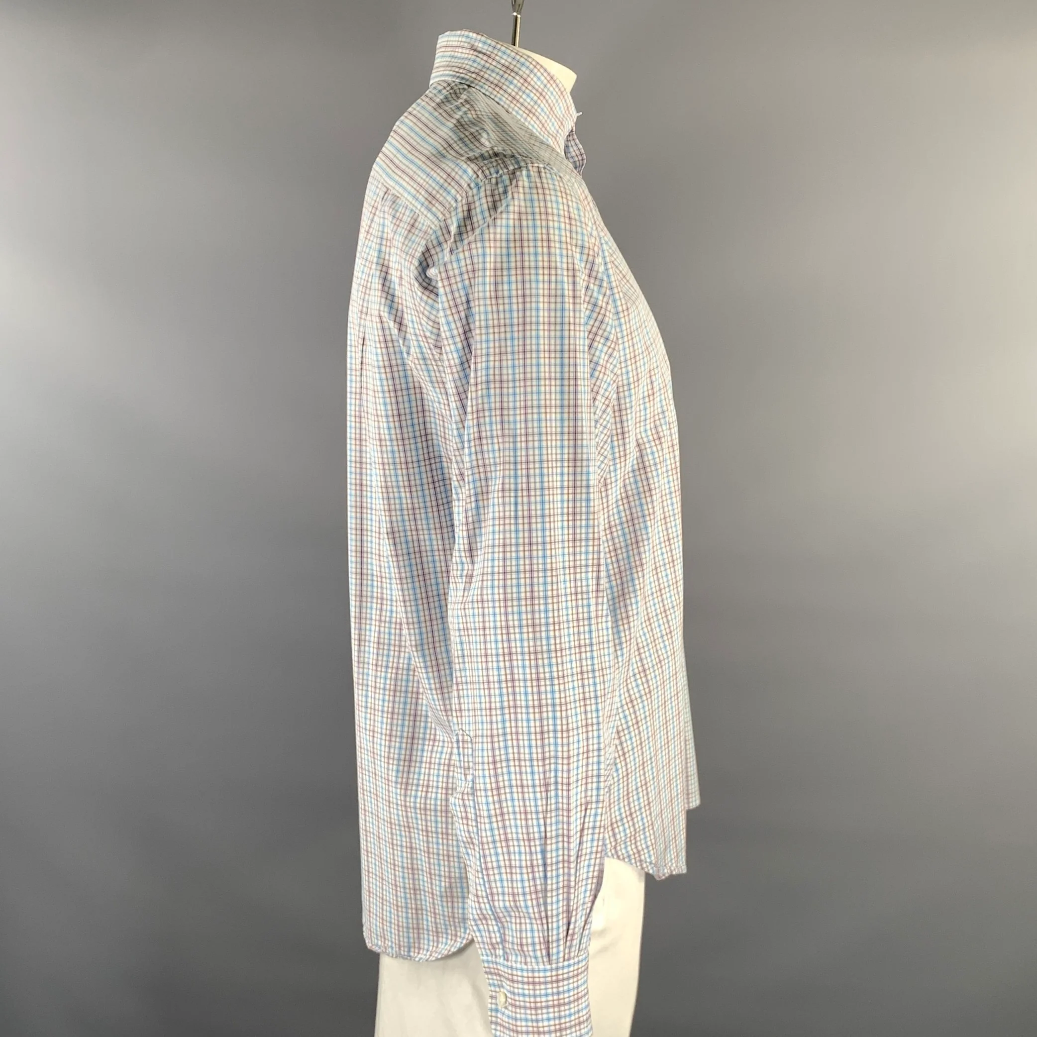 LORO PIANA Size XL White Purple Blue Plaid Cotton Long Sleeve Shirt - Image 3