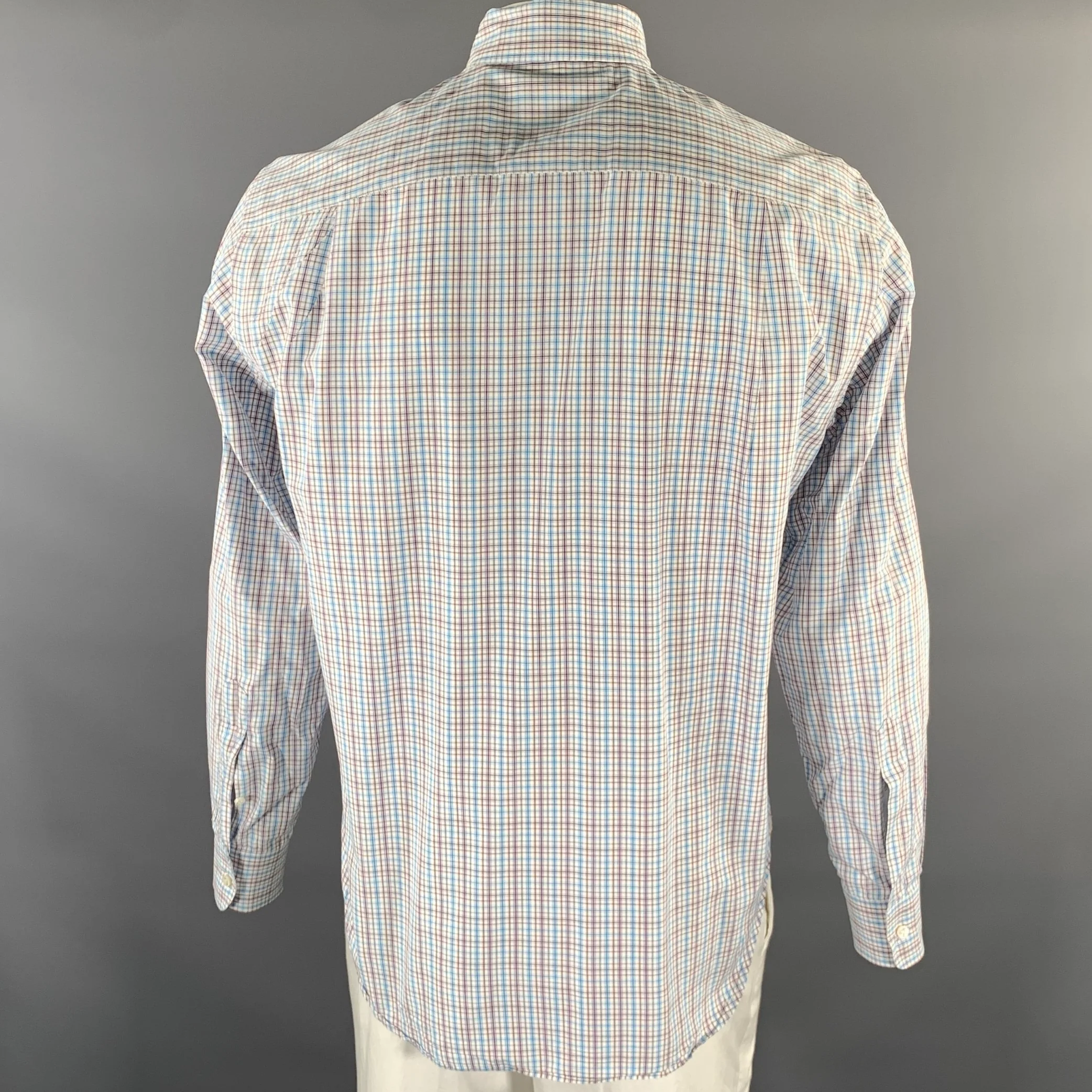 LORO PIANA Size XL White Purple Blue Plaid Cotton Long Sleeve Shirt - Image 4