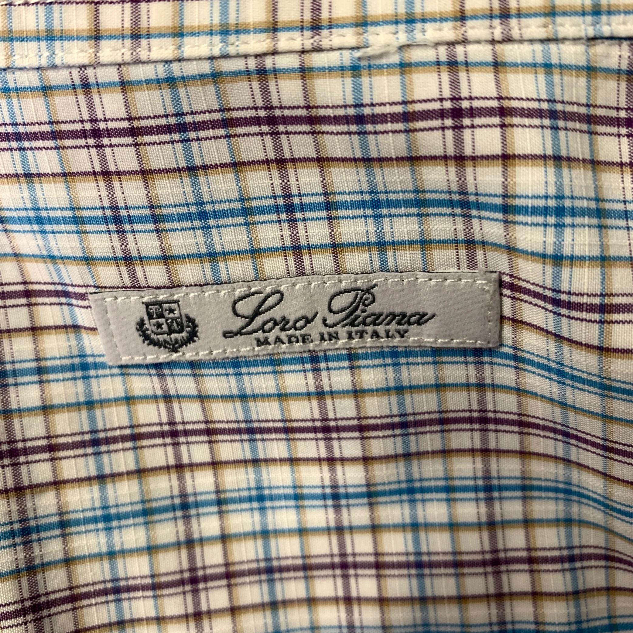 LORO PIANA Size XL White Purple Blue Plaid Cotton Long Sleeve Shirt - Image 5
