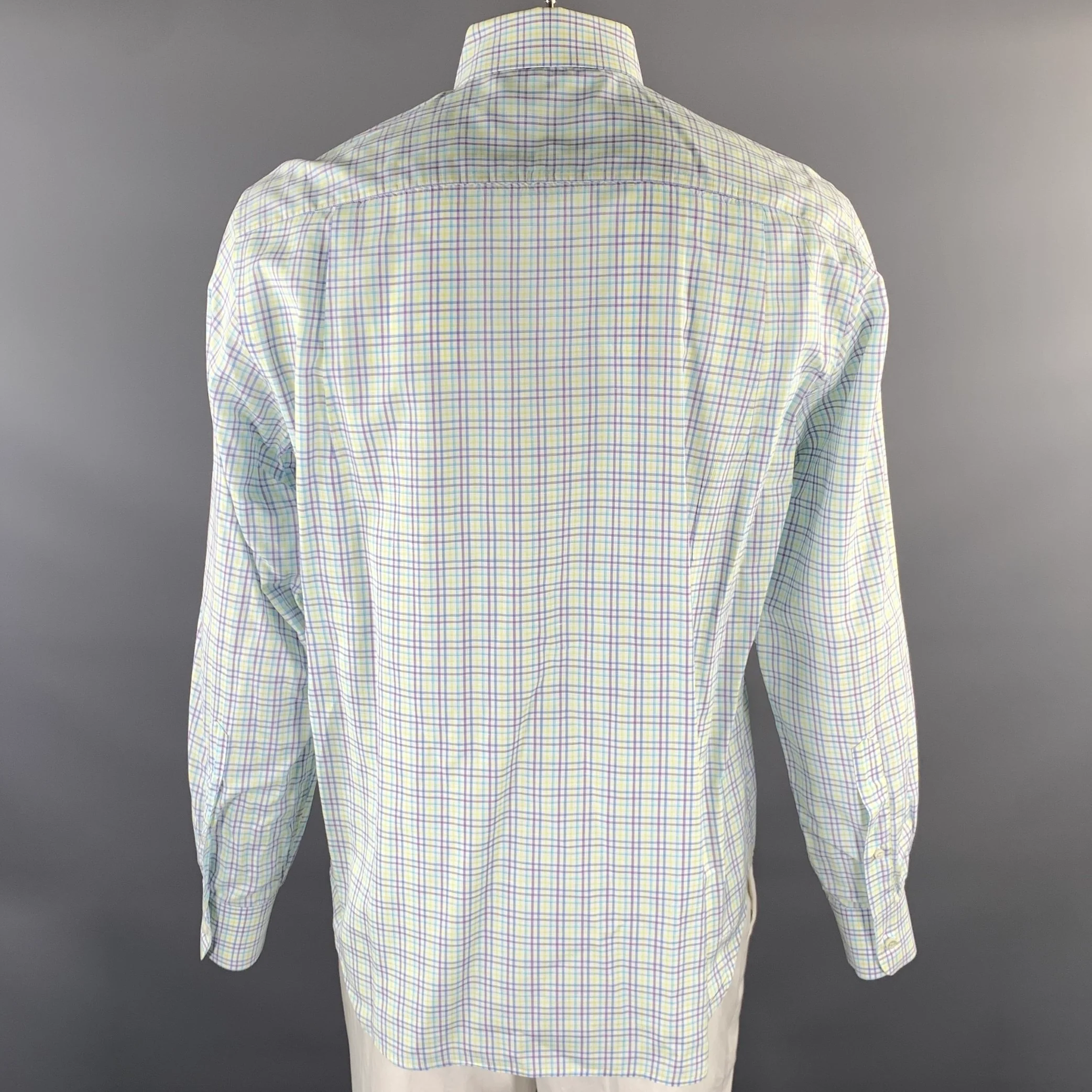 LORO PIANA Size XL White Purple Green Blue Plaid Long Sleeve Shirt - Image 4