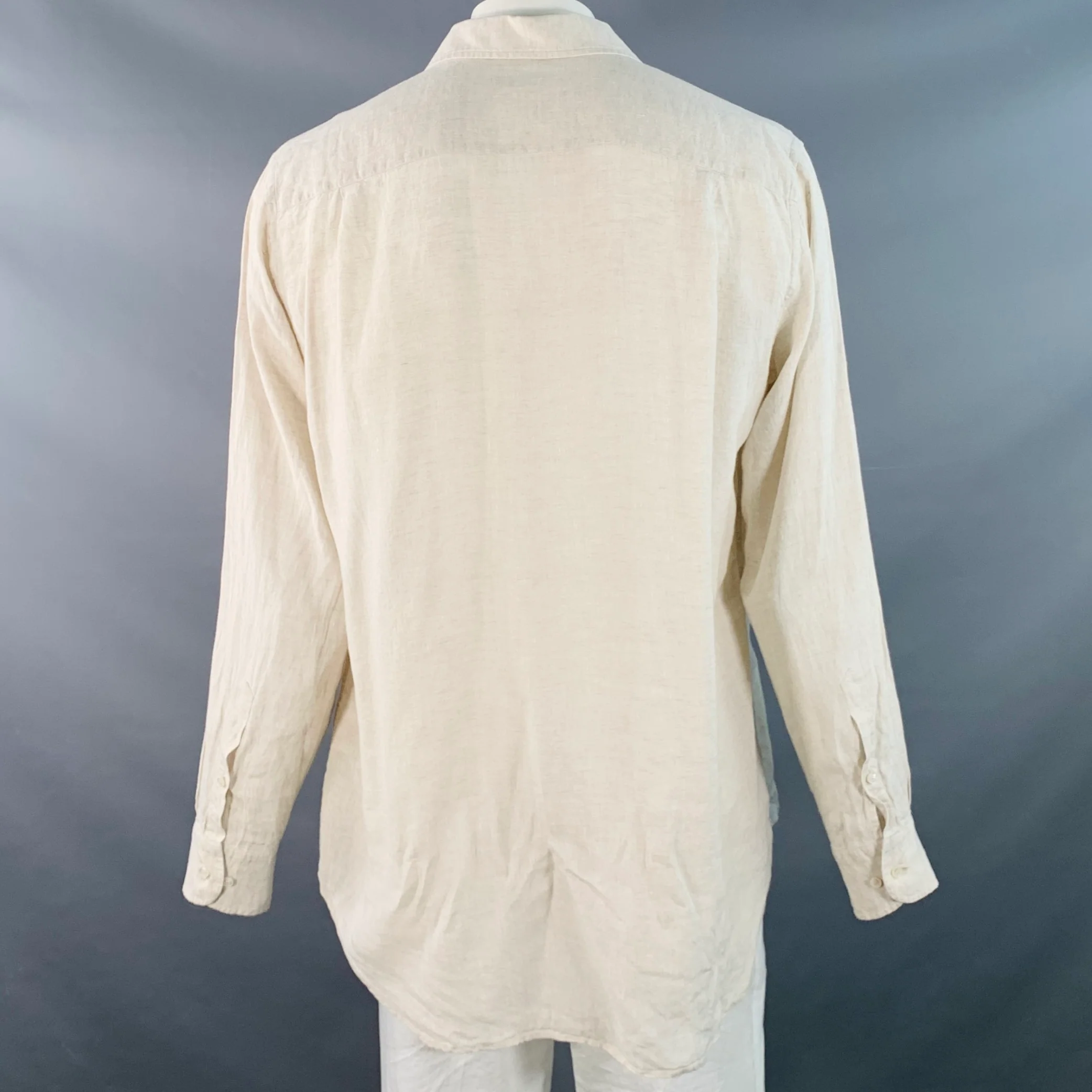 LORO PIANA Size XXL Beige Linen Relaxed Fit One Pocket Long Sleeve Shirt - Image 3