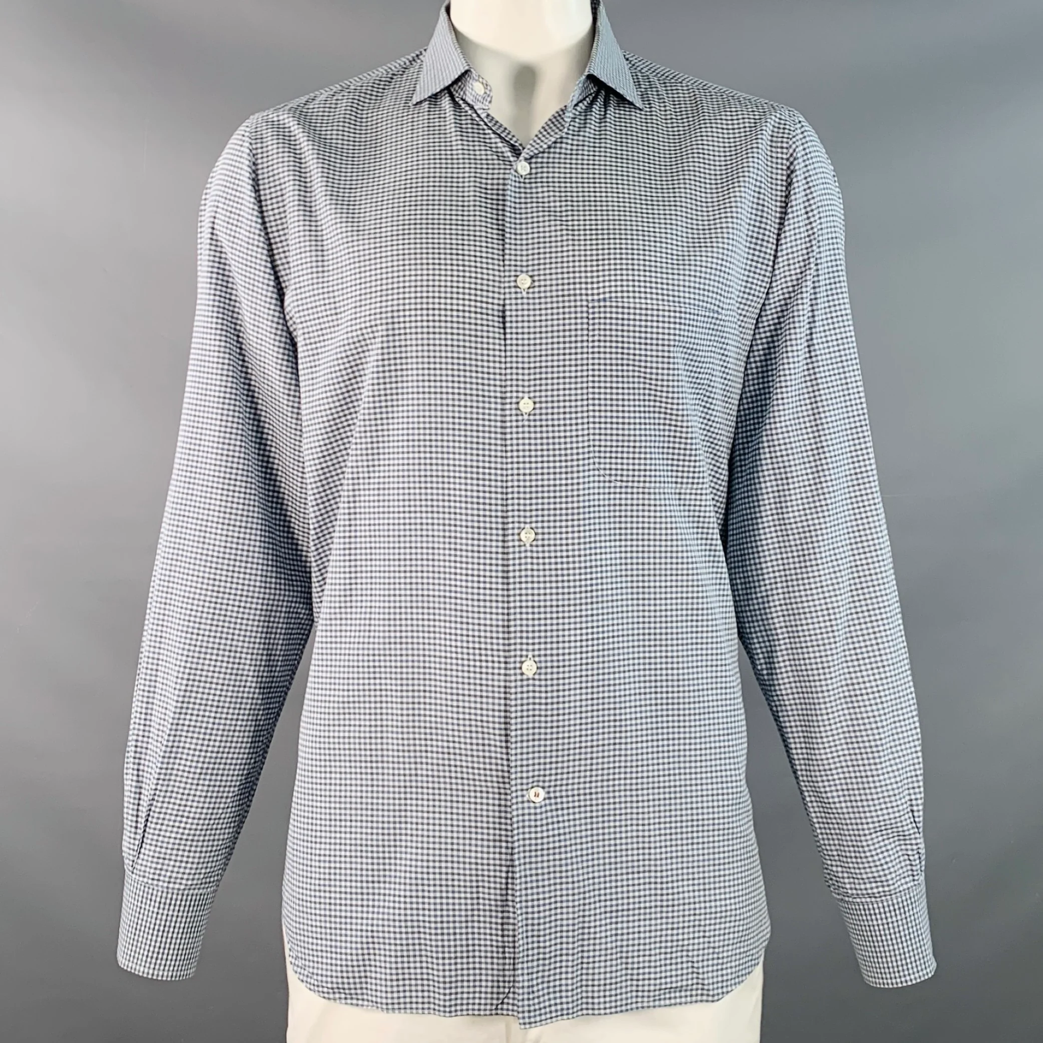 LORO PIANA Size XXL Navy Black White Gingham Cotton One Pocket Long Sleeve Shirt