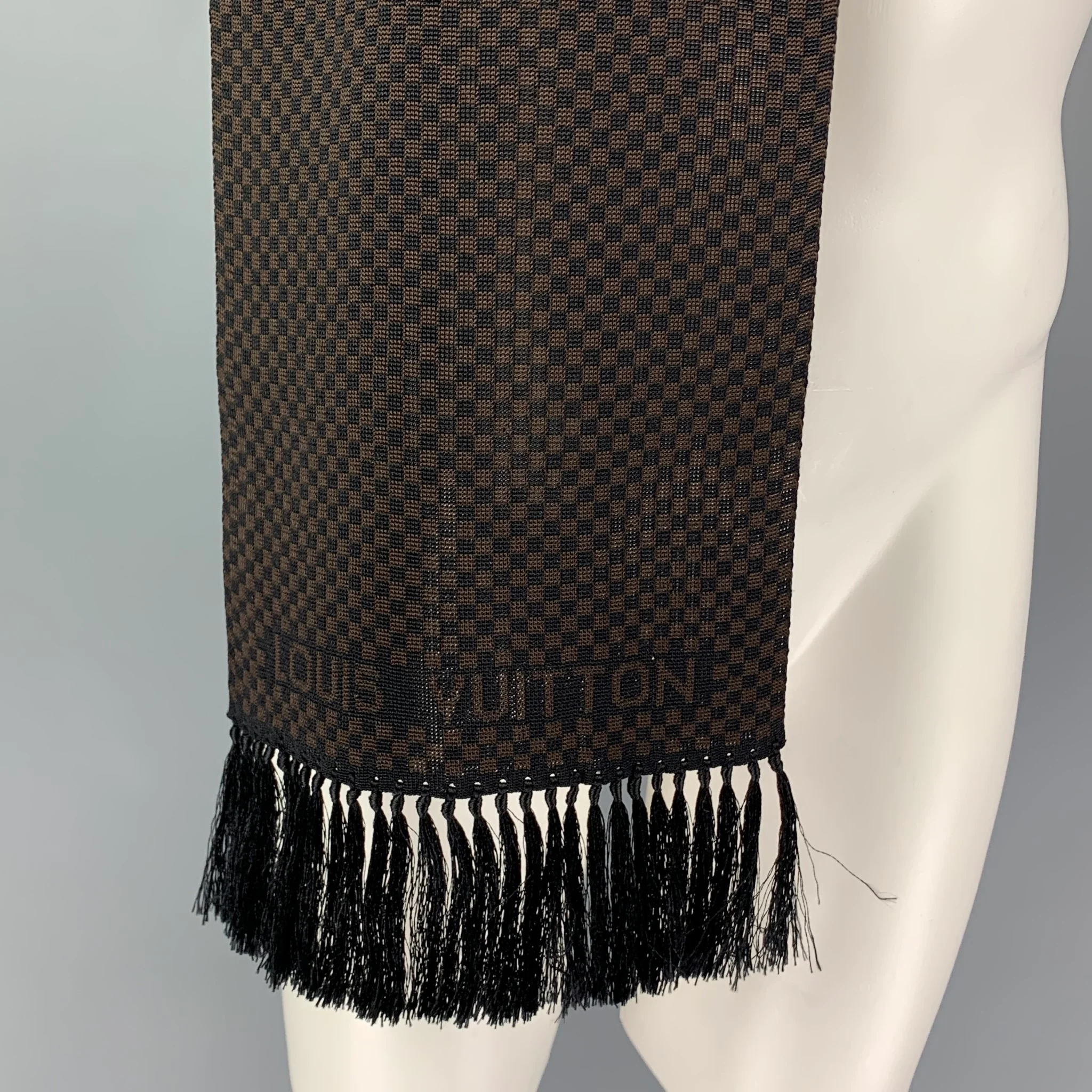 LOUIS VUITTON Black Brown Damier Silk Fringe Scarf - Image 7