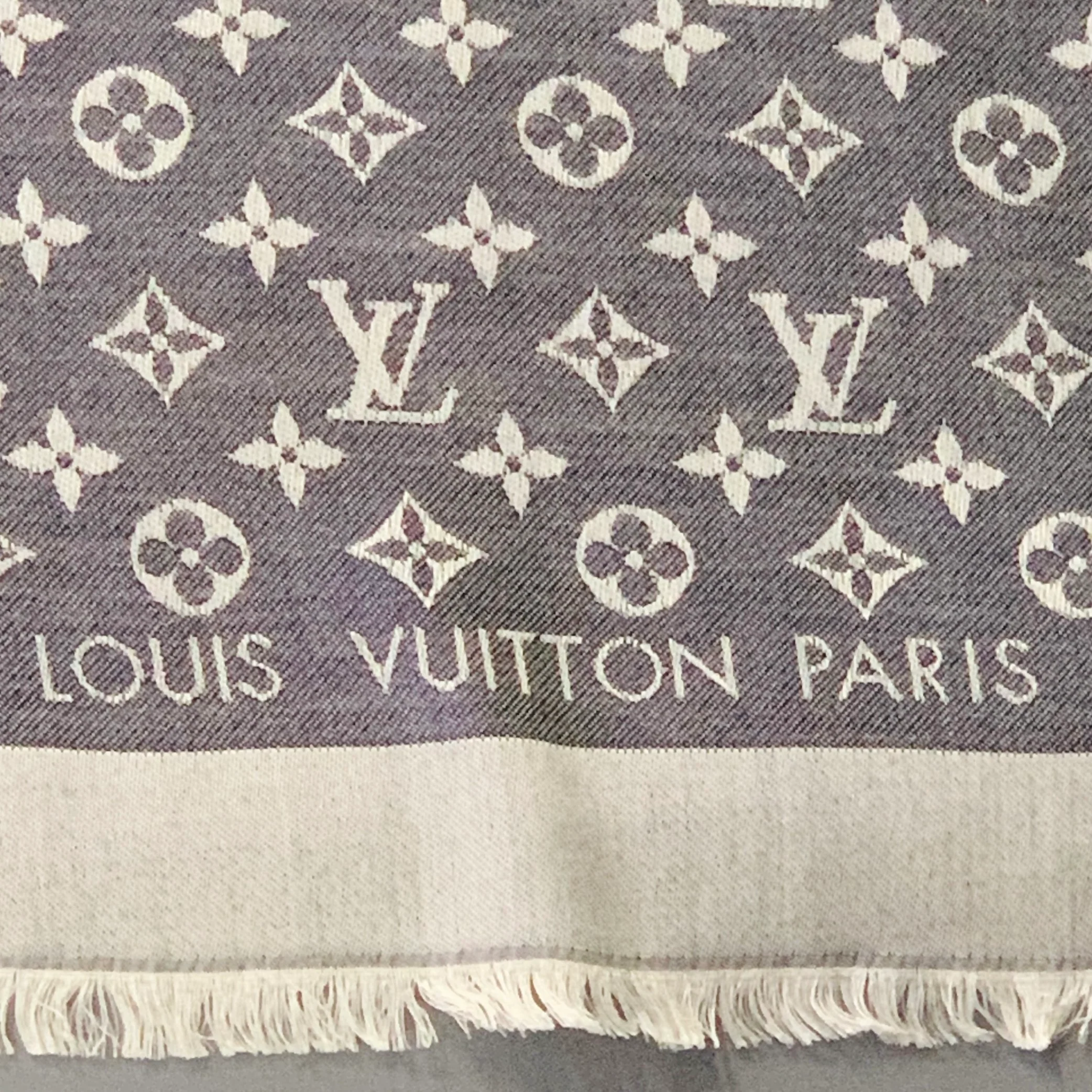LOUIS VUITTON Blue Grey Monogram Silk Wool Square Fringe Scarf Shawl - Image 3