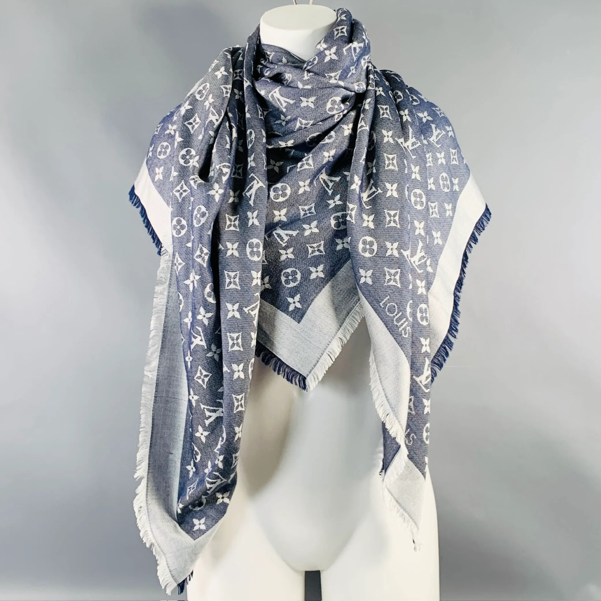 LOUIS VUITTON Blue Grey Monogram Silk Wool Square Fringe Scarf Shawl - Image 7