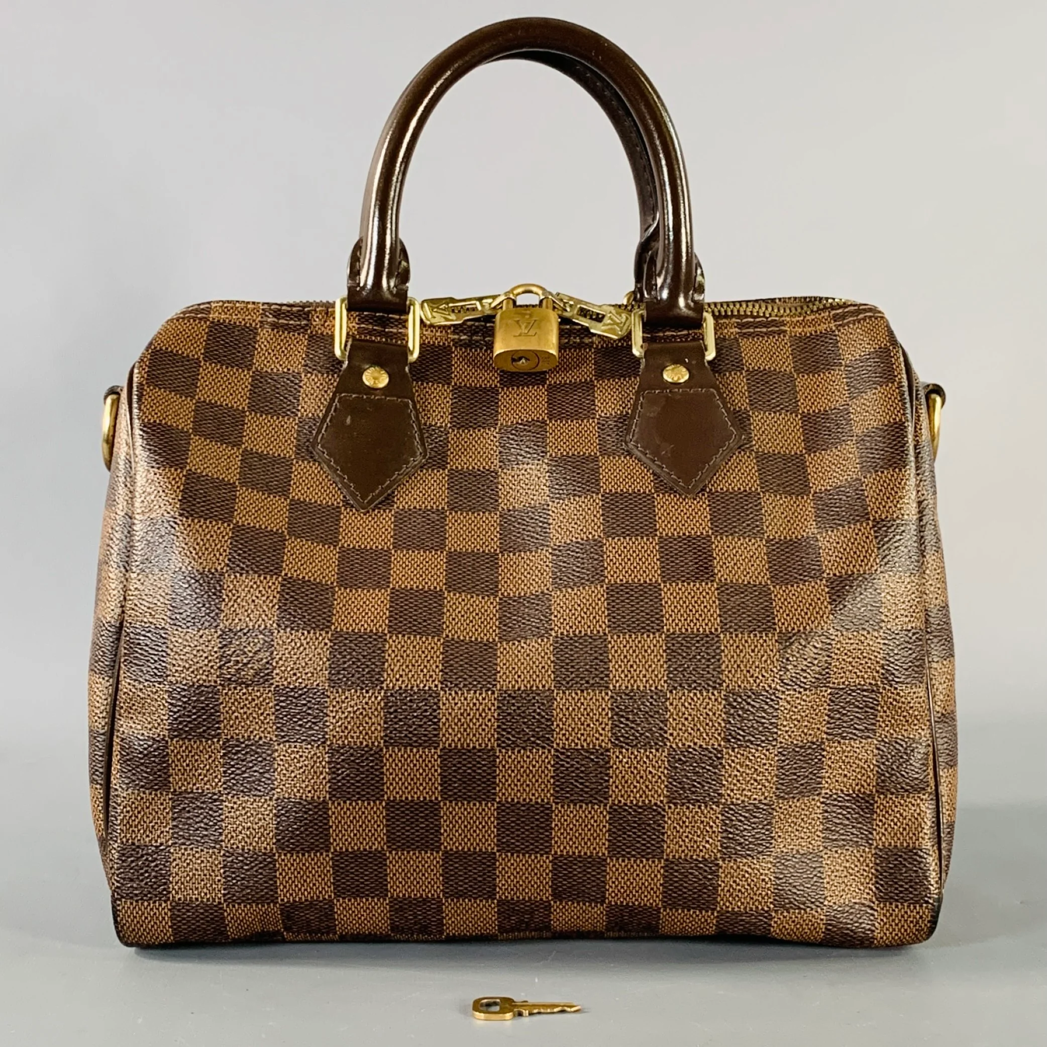 LOUIS VUITTON Ebene Speedy Bandouliere 25 Brown Tan Damier Leather Trim Canvas Handbag