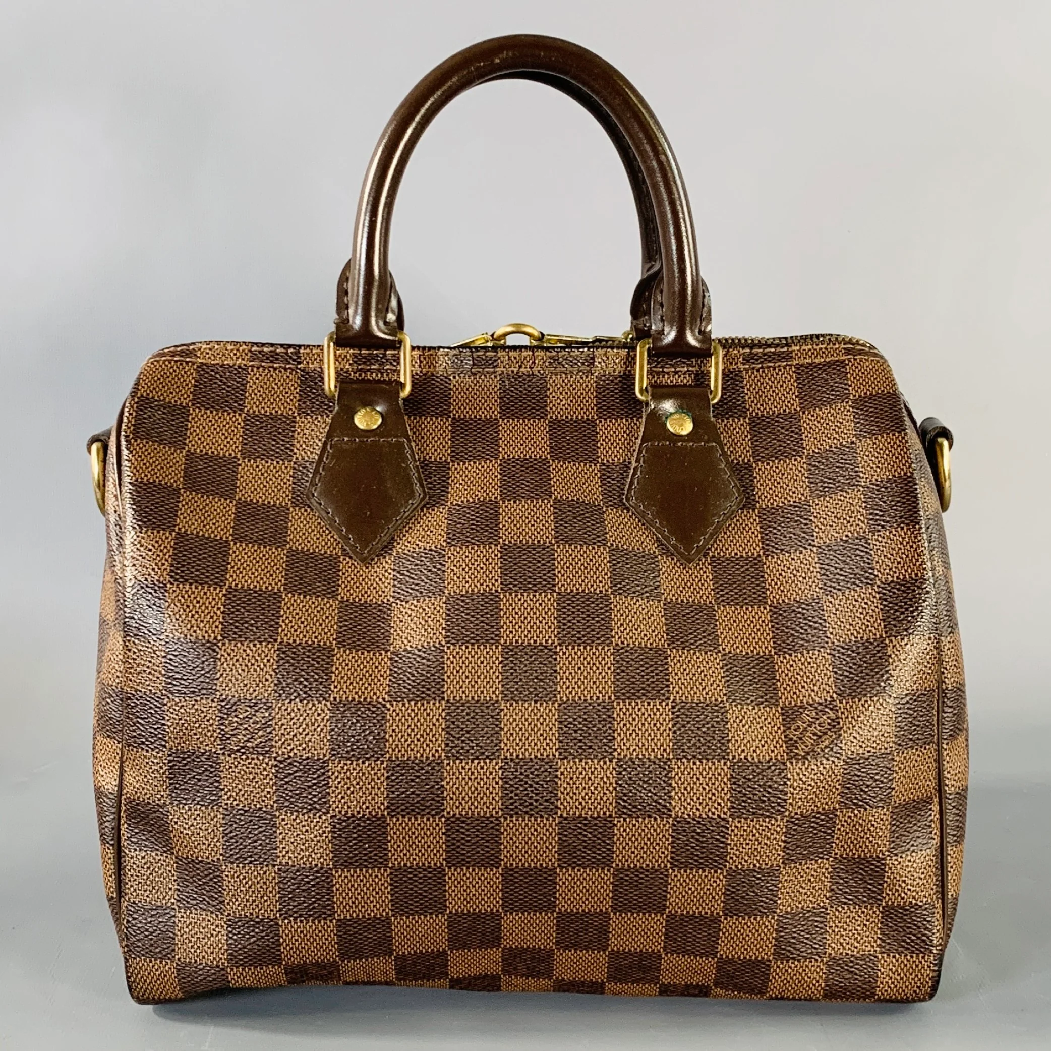 LOUIS VUITTON Ebene Speedy Bandouliere 25 Brown Tan Damier Leather Trim Canvas Handbag - Image 4