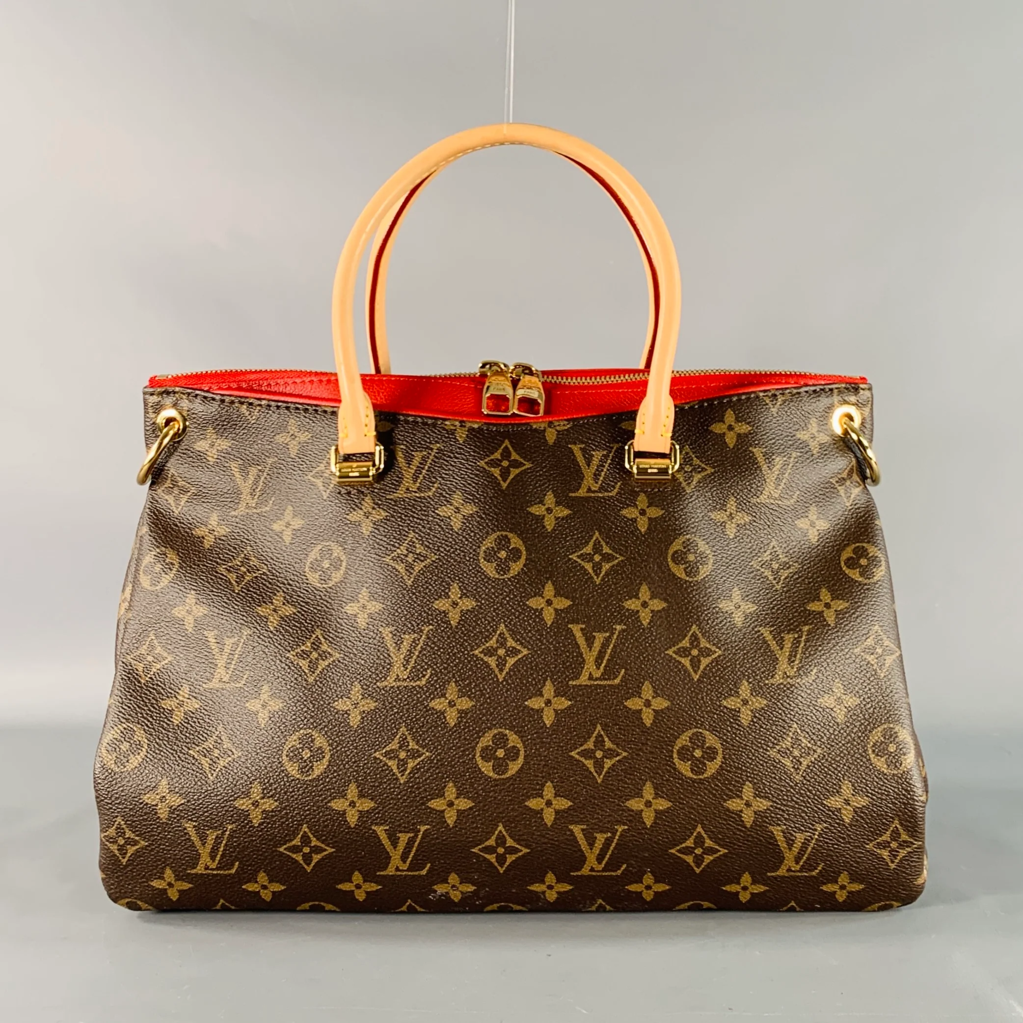 LOUIS VUITTON Pallas Brown Beige Red Monogram Coated Canvas Shoulder Handbag