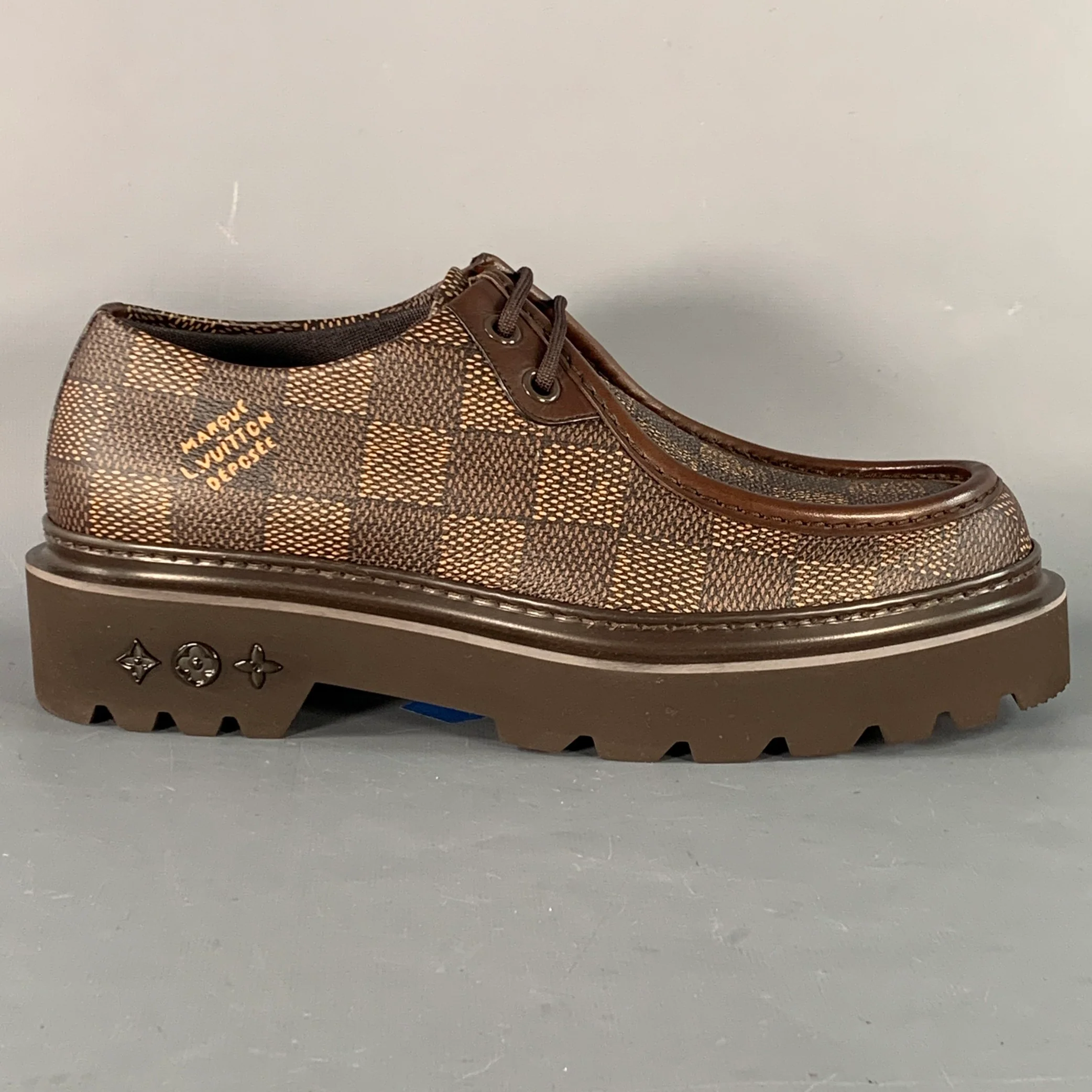 LOUIS VUITTON Size 10 Ranger Derby Brown Beige Coated Canvas Chunky Sole Moccasin Lace-Up Shoes - Image 2