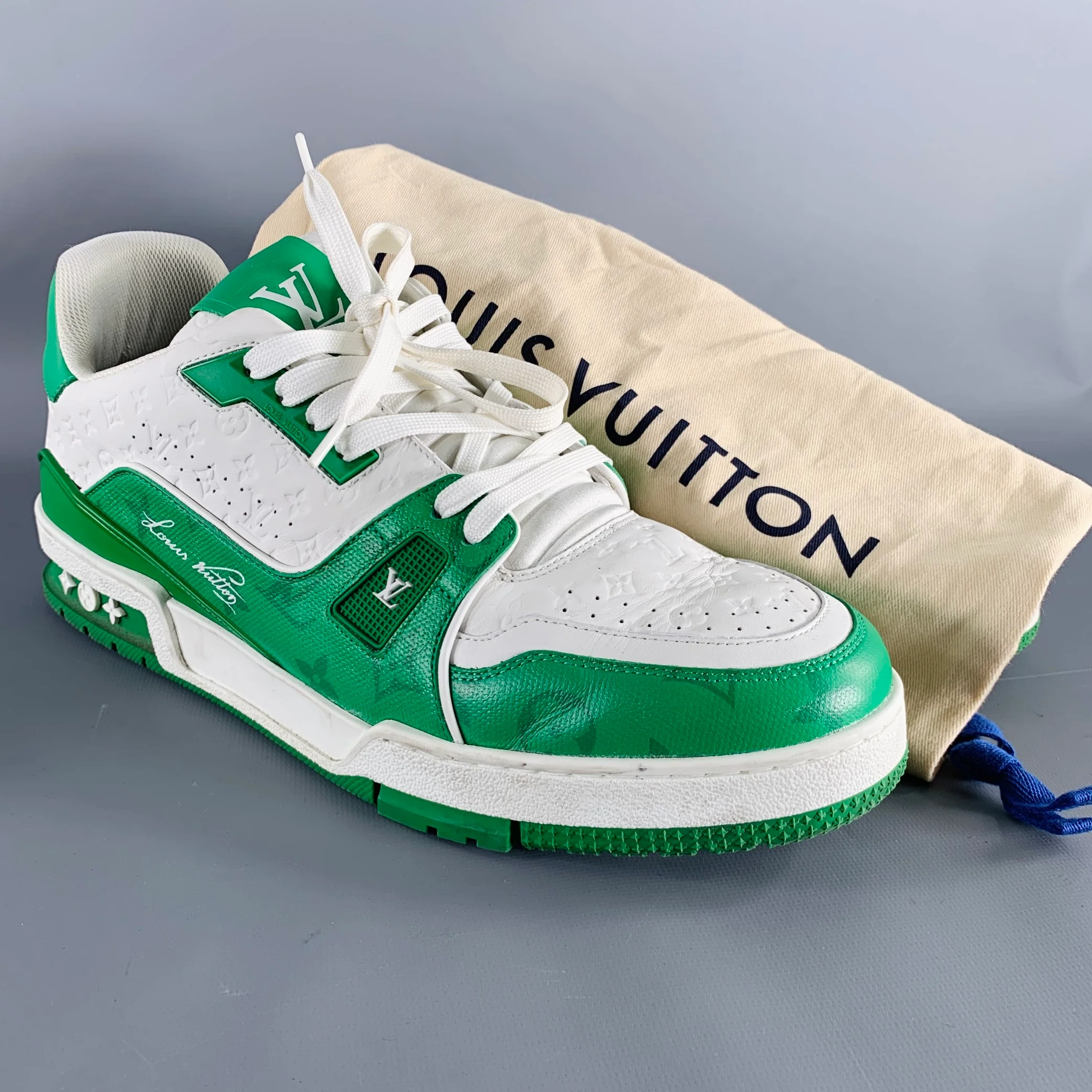 LOUIS VUITTON Size 11.5 LV Trainer Green White Two Toned Leather Sneakers - Image 9