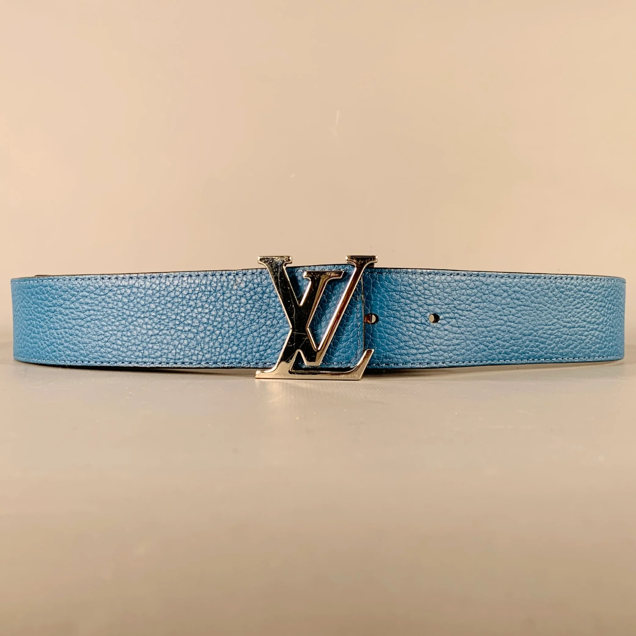 LOUIS VUITTON Size 38 LV Initiales Blue Grey Pebble Grain Leather Reversible Belt - Image 2