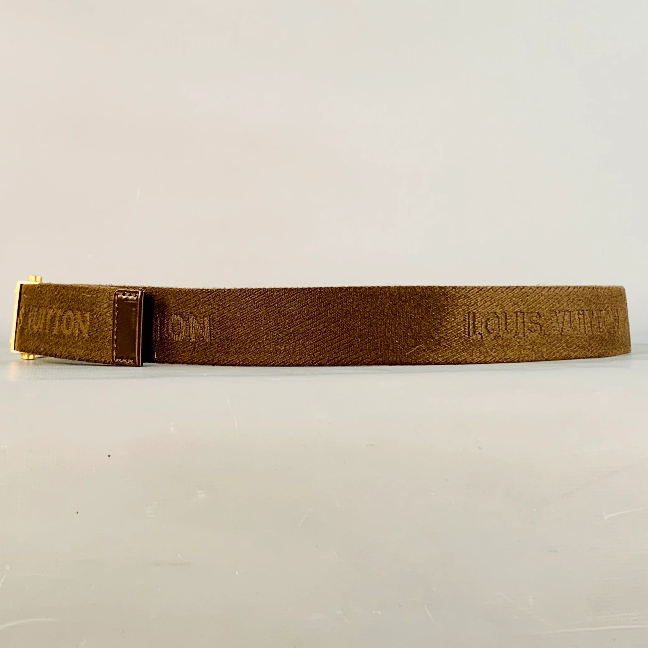 LOUIS VUITTON Size 40 Inventeur Brown Gold Logo Canvas Box Buckle Belt - Image 5