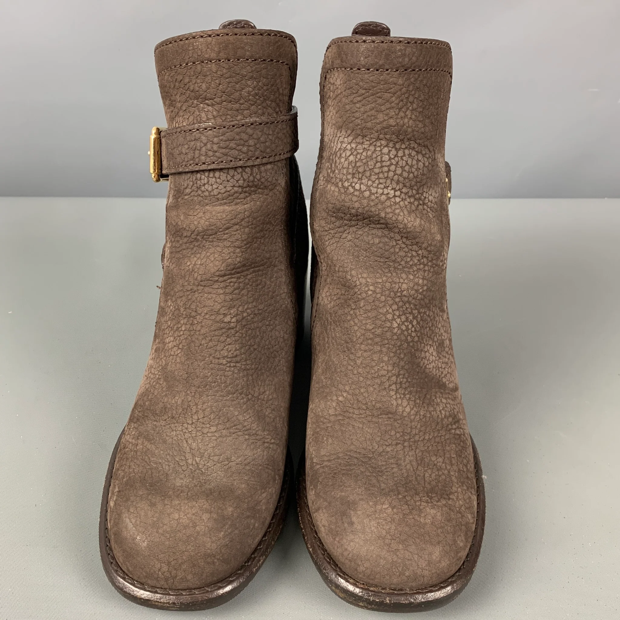LOUIS VUITTON Size 5.5 Brown Leather Pebble Grain Chunky Heel Boots - Image 4