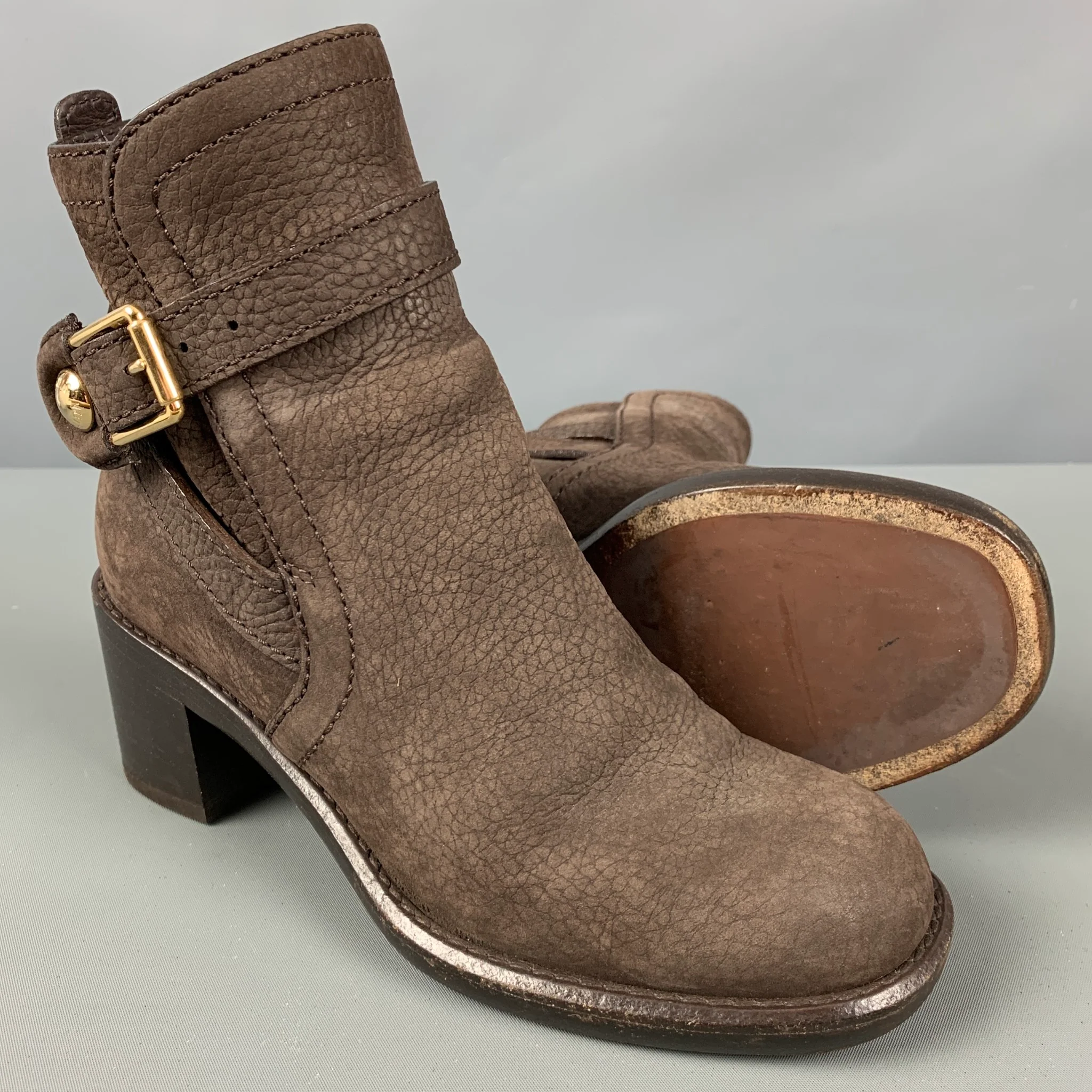 LOUIS VUITTON Size 5.5 Brown Leather Pebble Grain Chunky Heel Boots - Image 5
