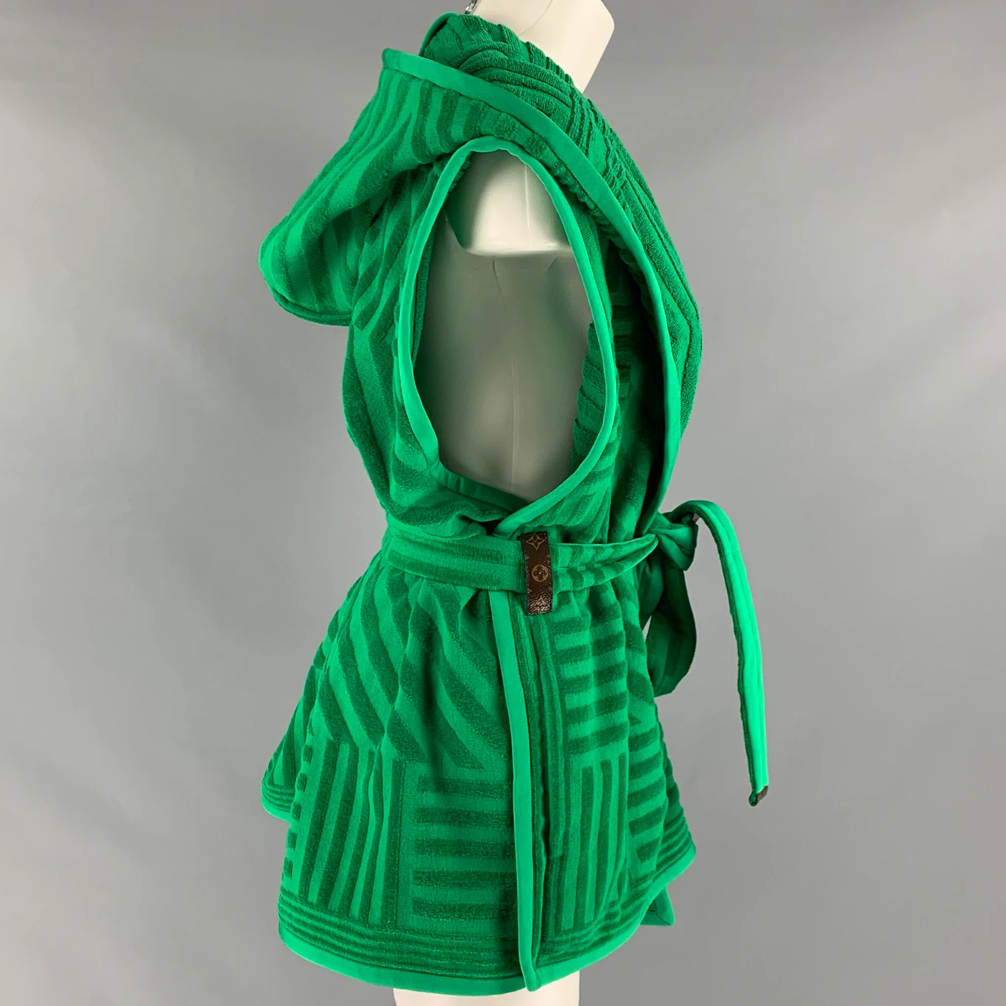 LOUIS VUITTON Size 6 Green Cotton Textured Belted Casual Top - Image 3