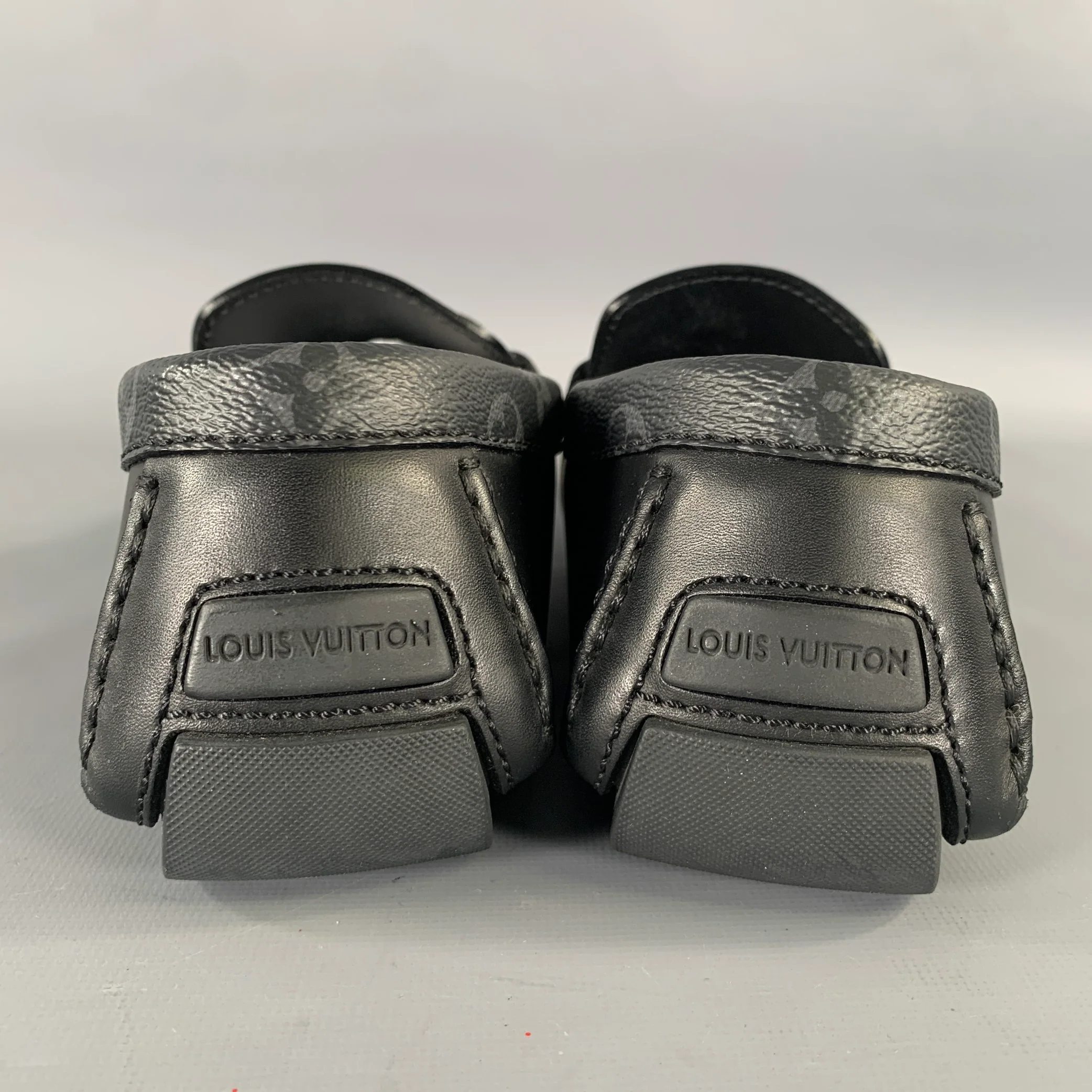 LOUIS VUITTON Size 7.5 Black Grey Logo Leather Loafers - Image 3