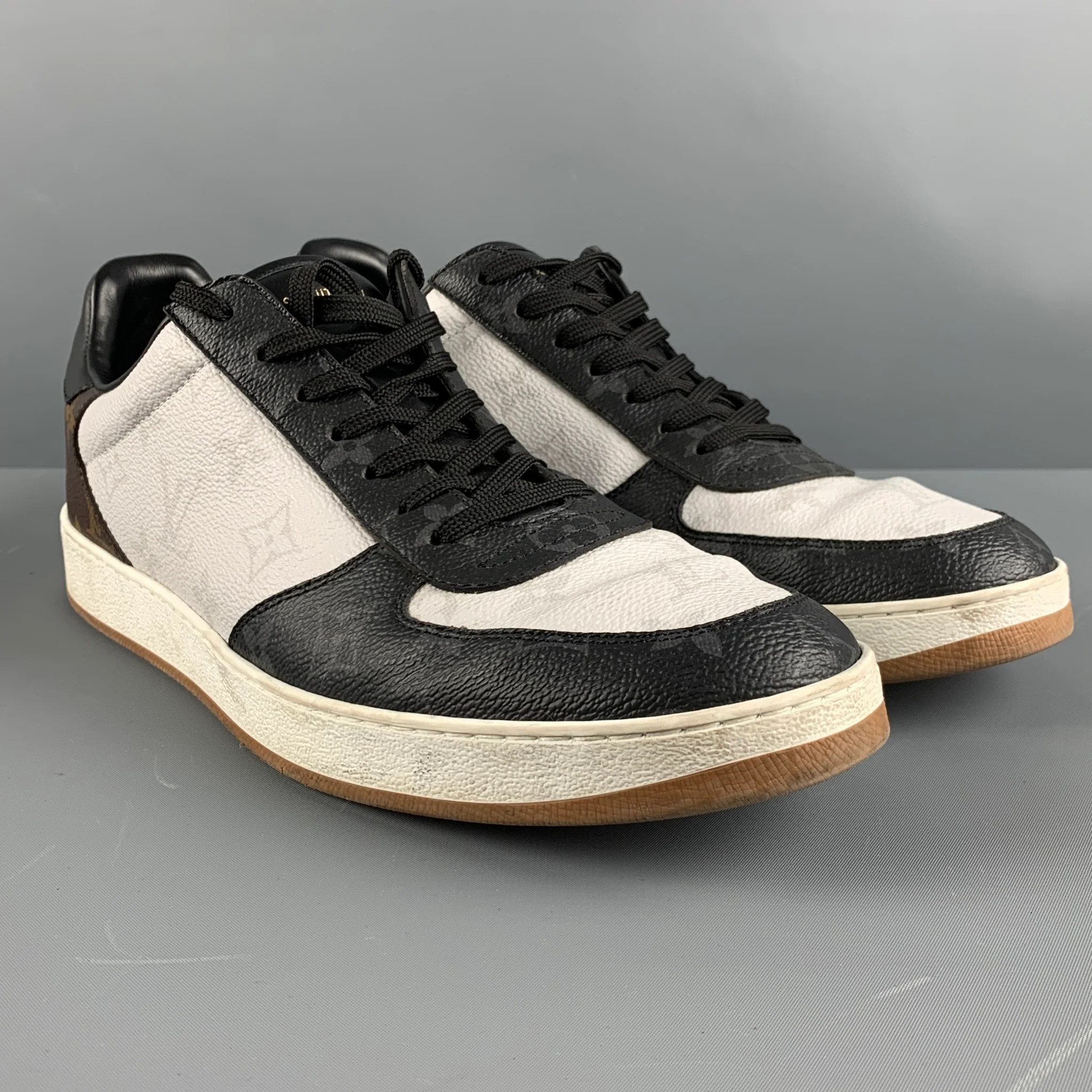 LOUIS VUITTON Size 9.5 White Black & Brown Logo Leather Low Top Sneakers