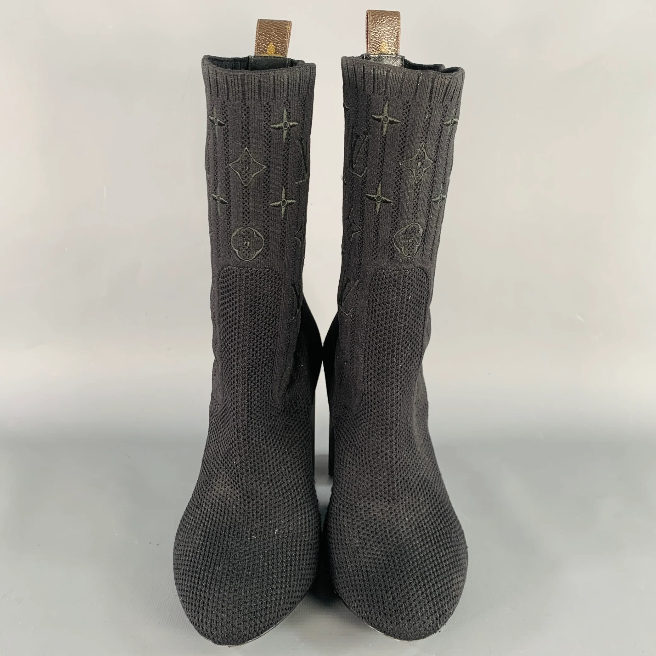 LOUIS VUITTON Size 9 Black Nylon Knit Monogram Chunky Heel Sock Boots - Image 4