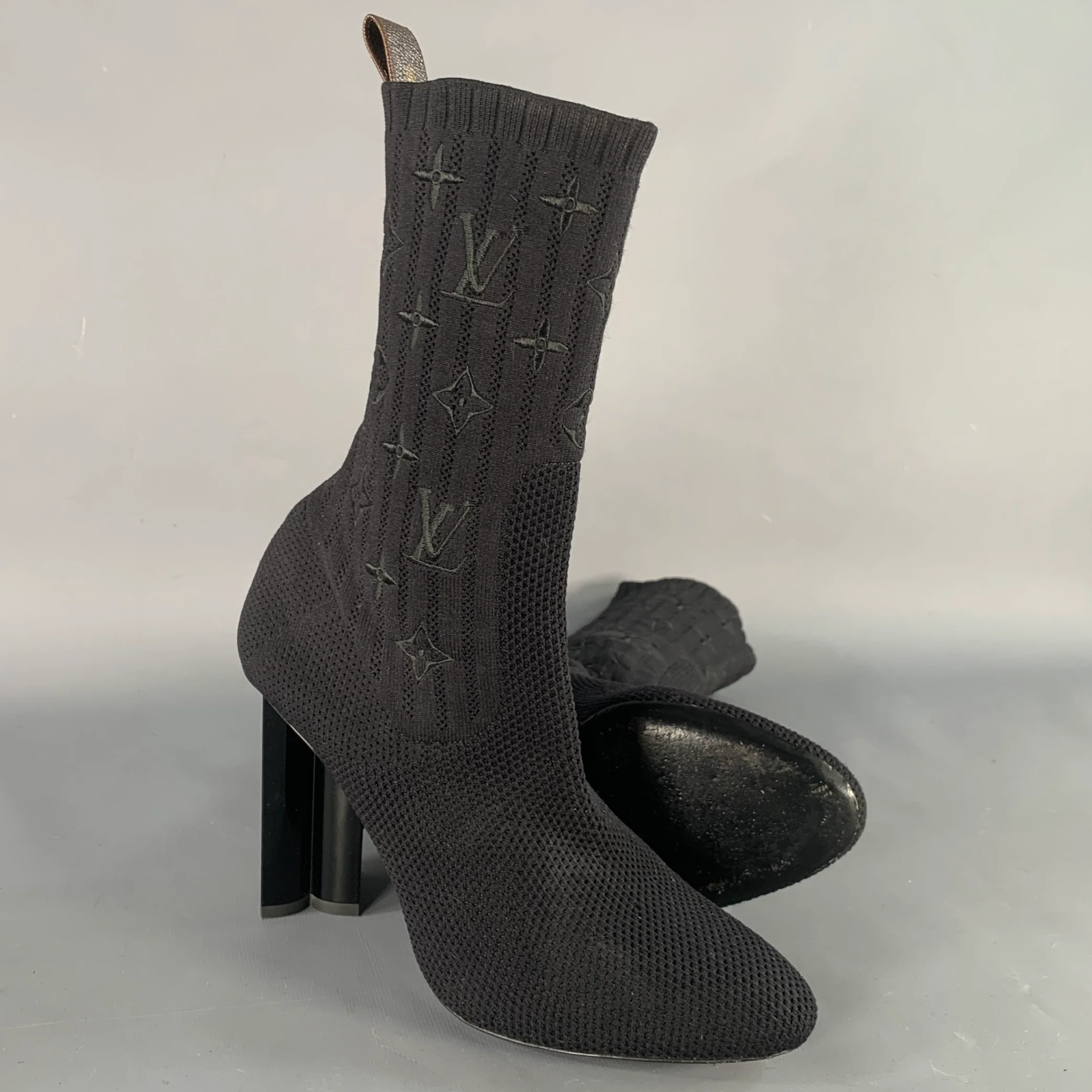 LOUIS VUITTON Size 9 Black Nylon Knit Monogram Chunky Heel Sock Boots - Image 6