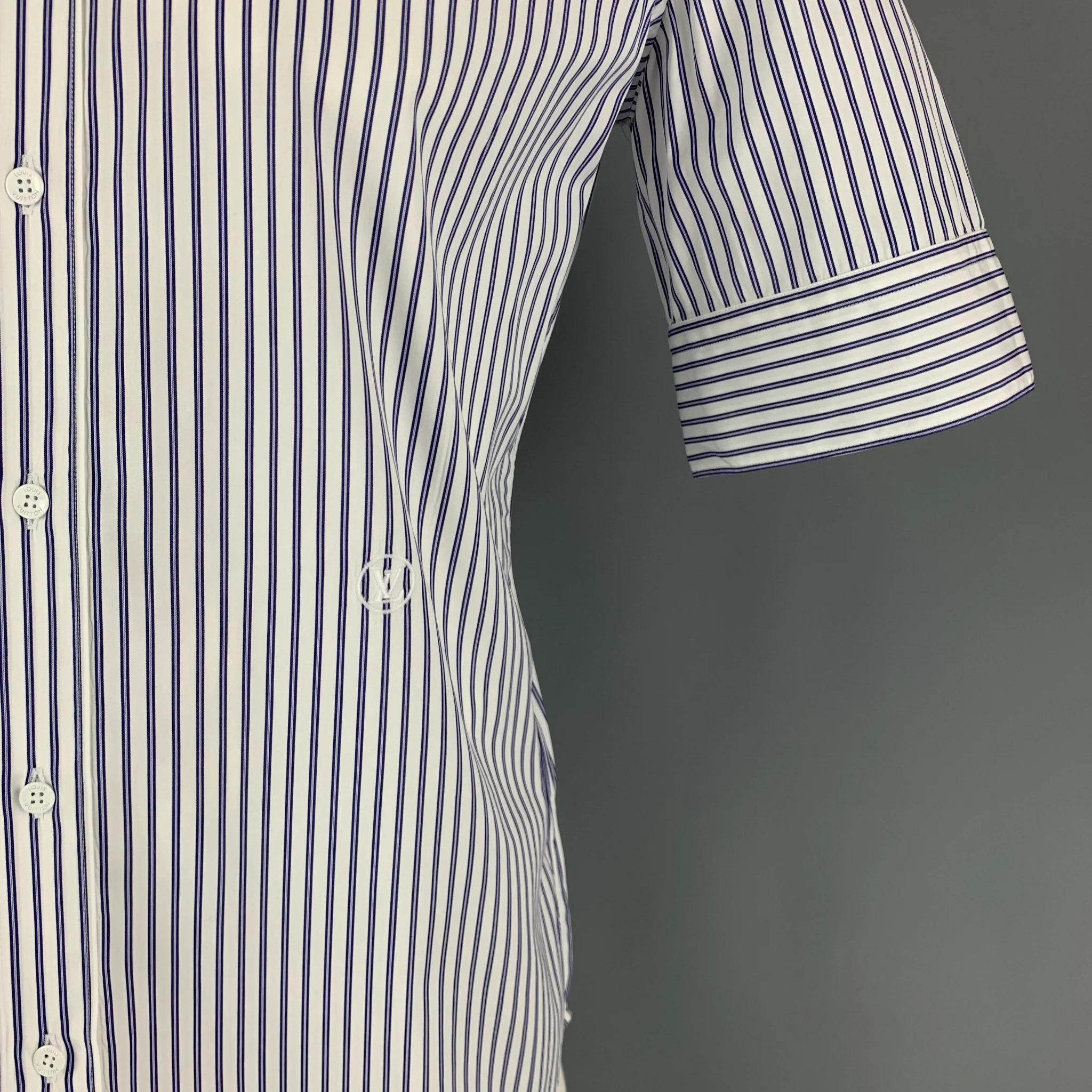LOUIS VUITTON Size L White Navy Stripe Cotton Button Up Short Sleeve Shirt - Image 2