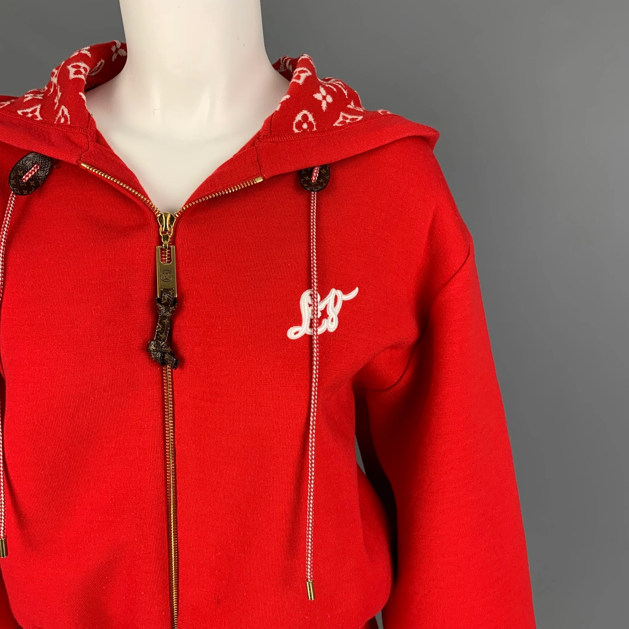 LOUIS VUITTON Size S Red White Viscose Blend Hooded Jumpsuit - Image 3