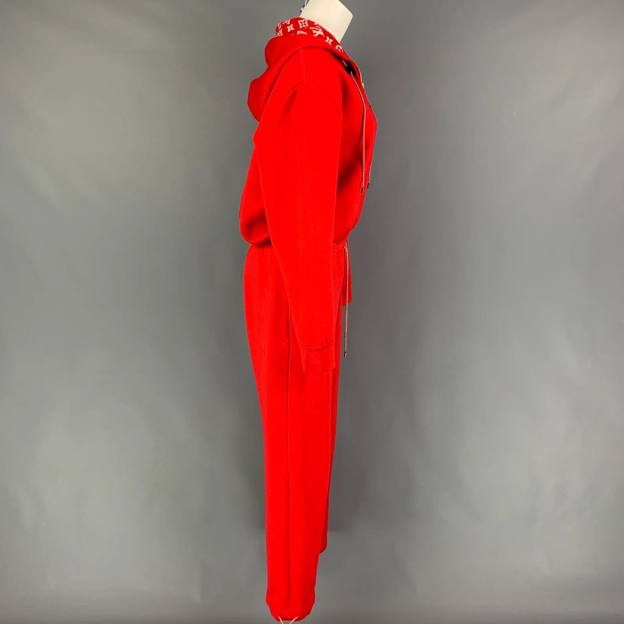 LOUIS VUITTON Size S Red White Viscose Blend Hooded Jumpsuit - Image 4