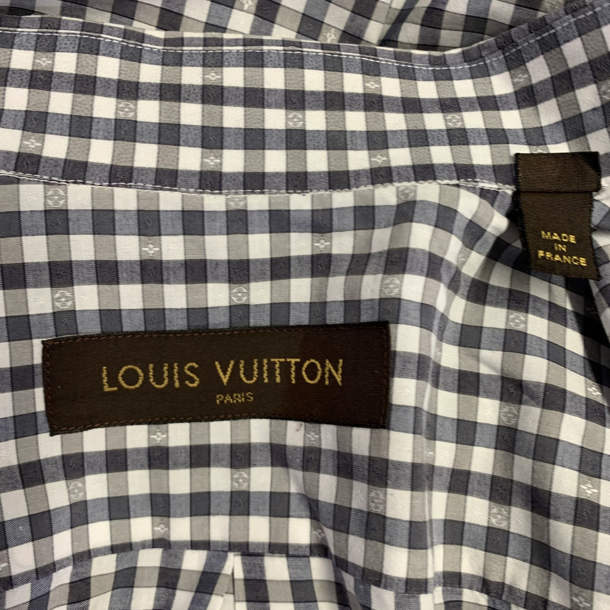 LOUIS VUITTON Size XL Grey White Checkered Cotton Button Up Long Sleeve Shirt - Image 6