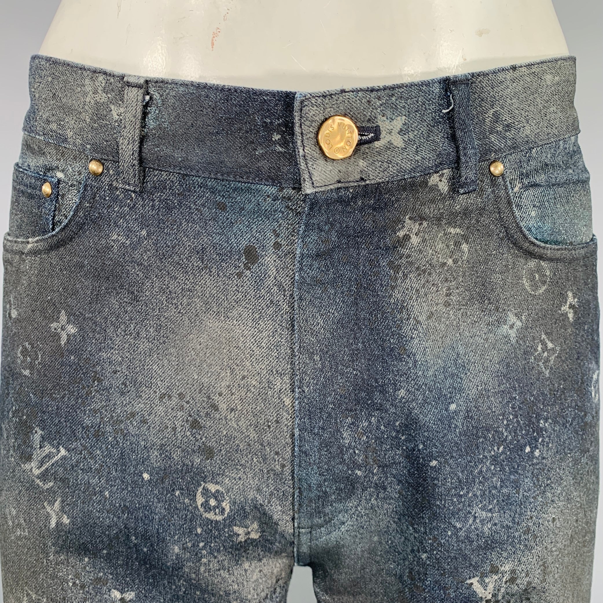 LOUIS VUITTON SS20 Size 36 Virgil Abloh Blue Indigo Monogram Cotton Baggy Distressed Jeans - Image 2