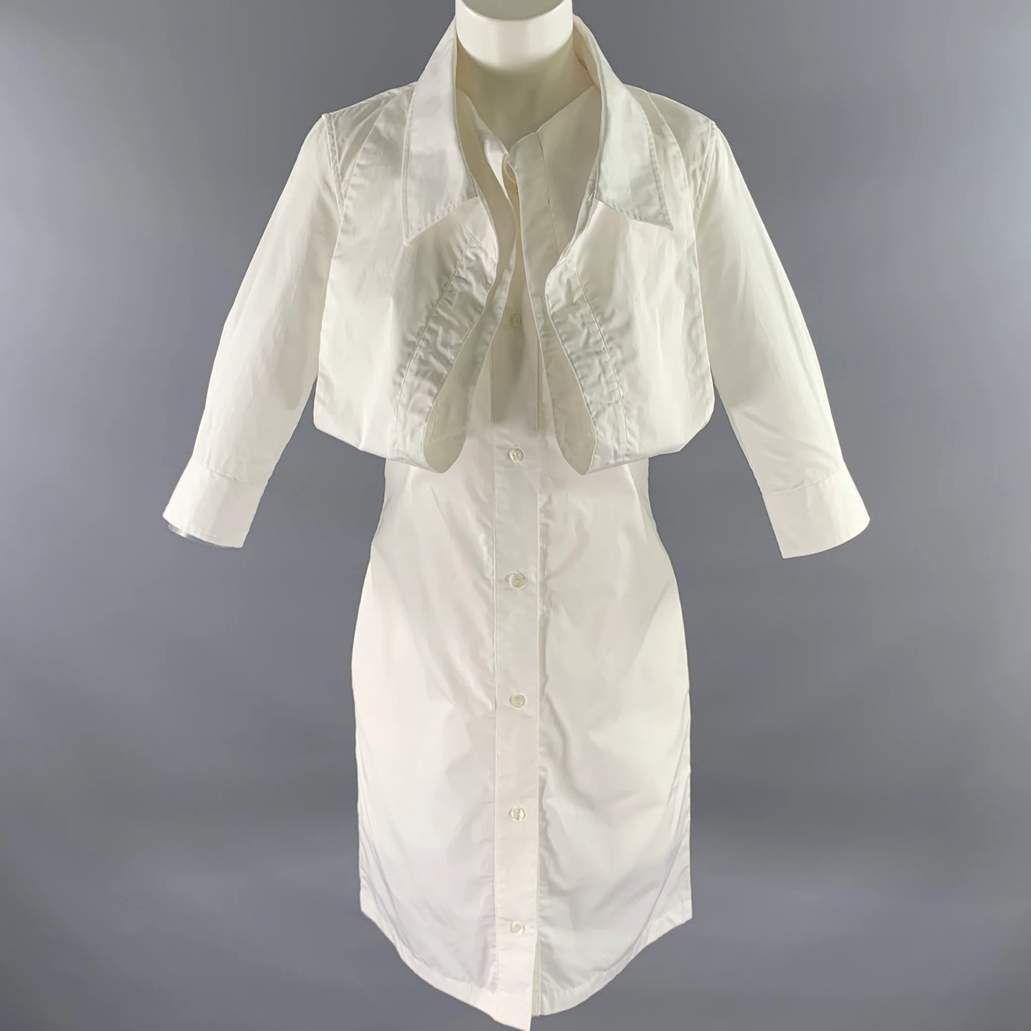 LOURDES Size S White Cotton Button Up Knee-Length Dress