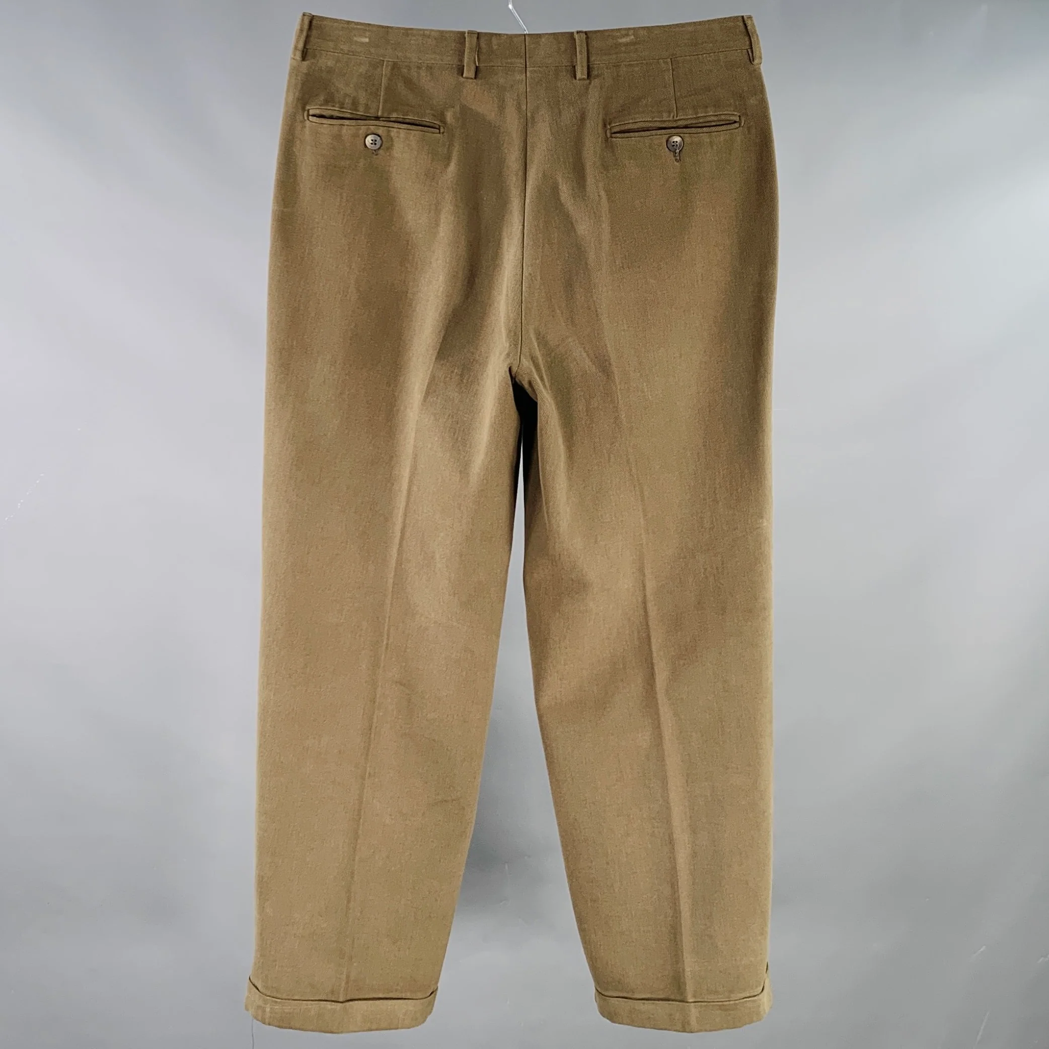 LUCIANO BARBERA Size 34 Green Olive Cotton Cuffed Casual Pants - Image 2