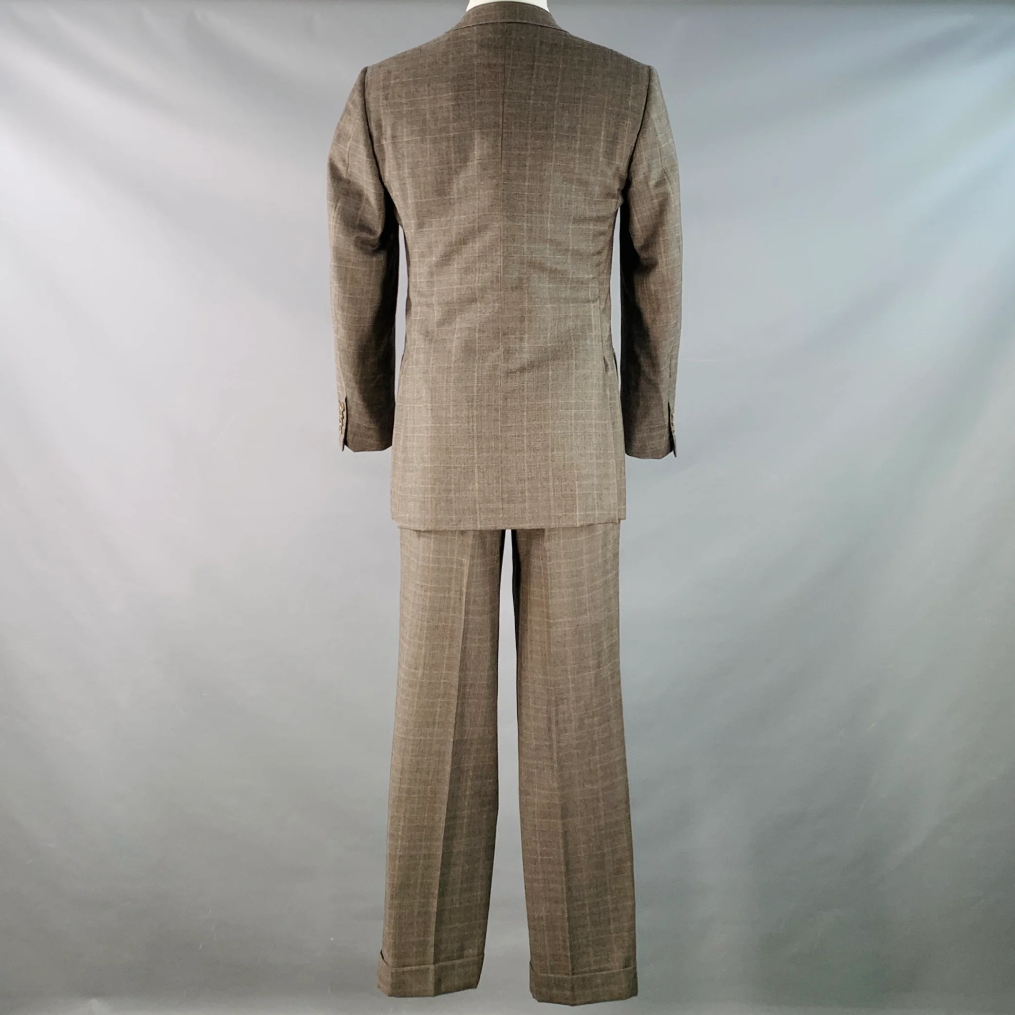 LUCIANO BARBERA Size 38 Regular Brown Plaid Wool Notch Lapel Pleated Suit - Image 3