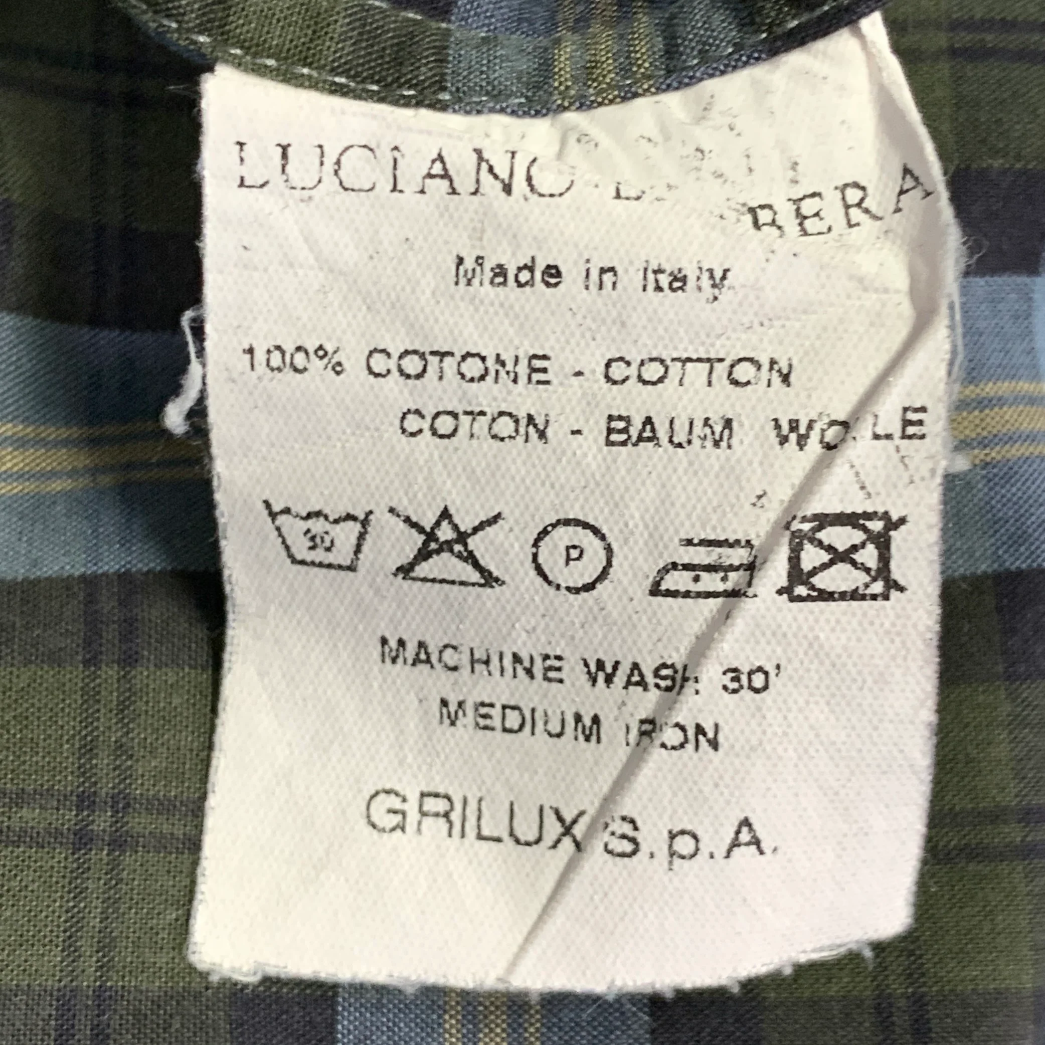 LUCIANO BARBERA Size 44 Blue Olive Plaid Cotton One Pocket Long Sleeve Shirt - Image 7