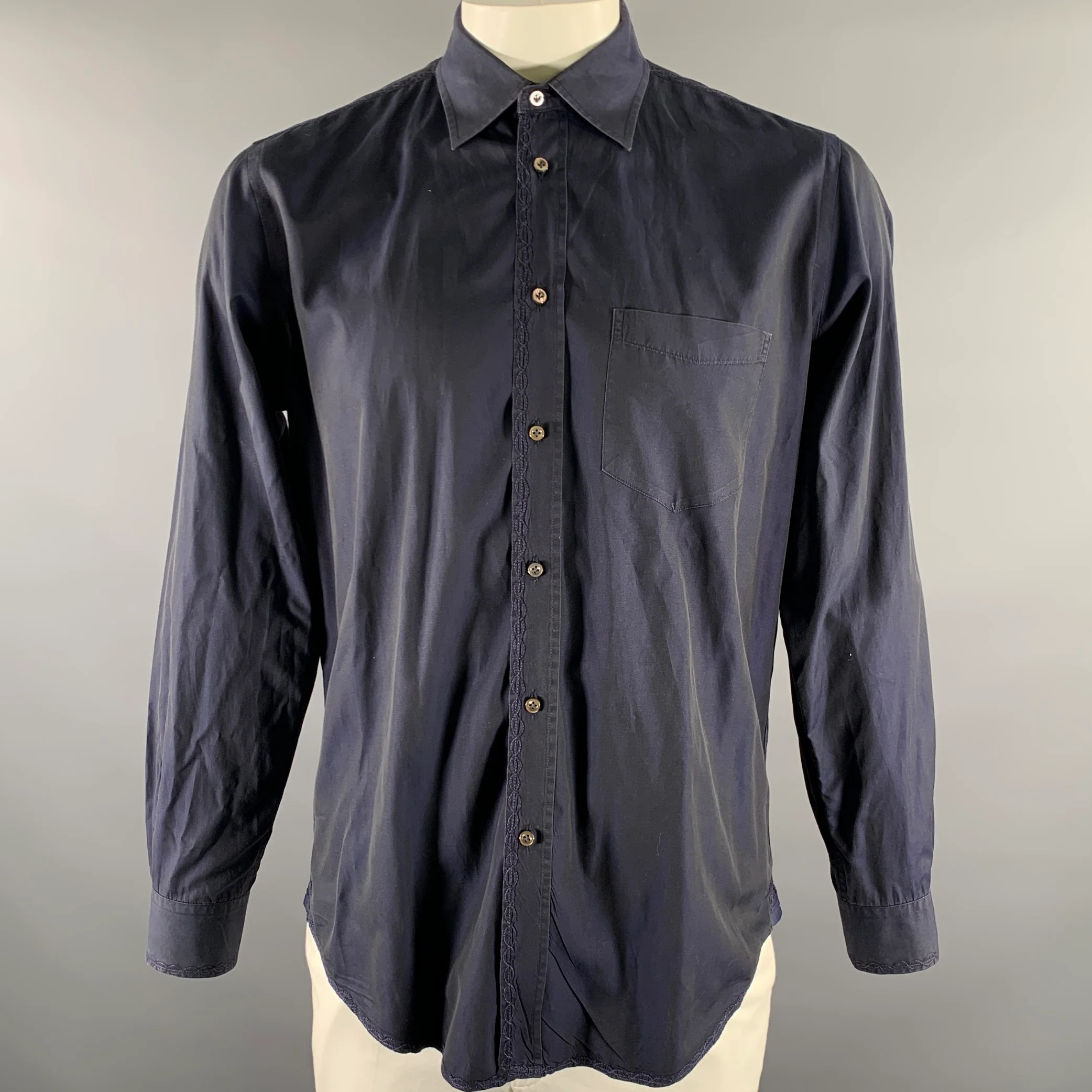 LUCIANO BARBERA Size L Navy Embroidery Long Sleeve Shirt
