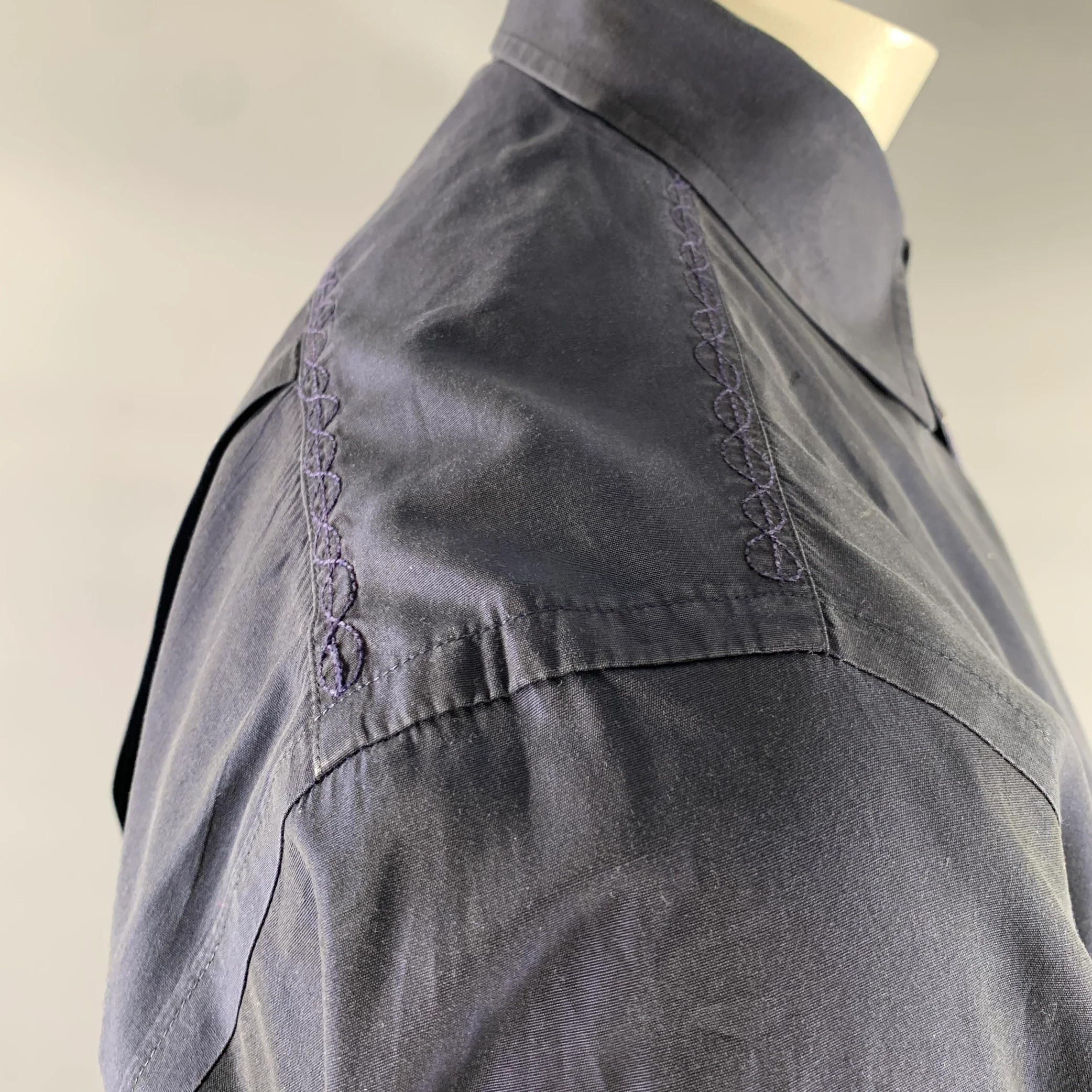 LUCIANO BARBERA Size L Navy Embroidery Long Sleeve Shirt - Image 5