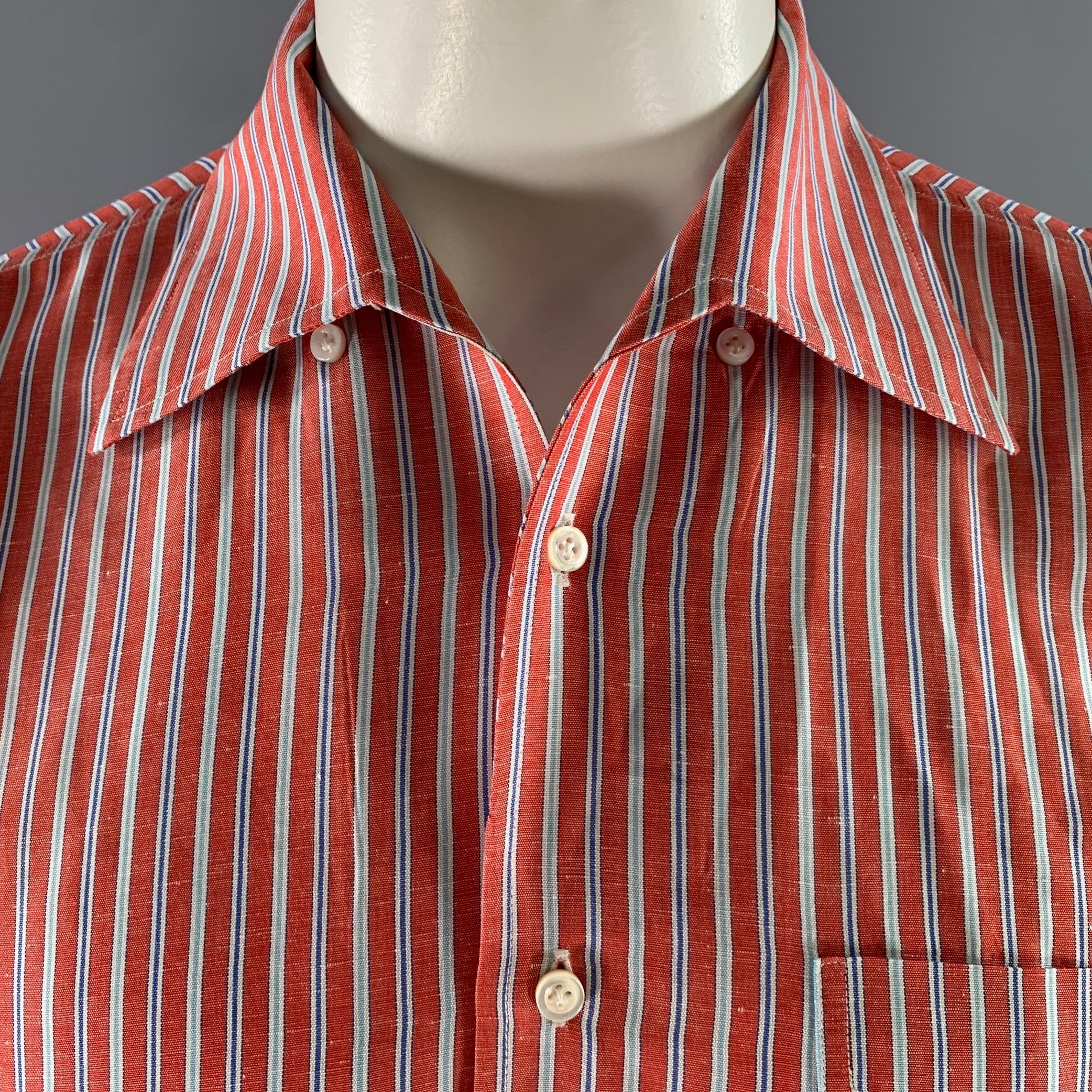 LUCIANO BARBERA Size L Red White Blue Stripe Linen Blend Long Sleeve Shirt - Image 2