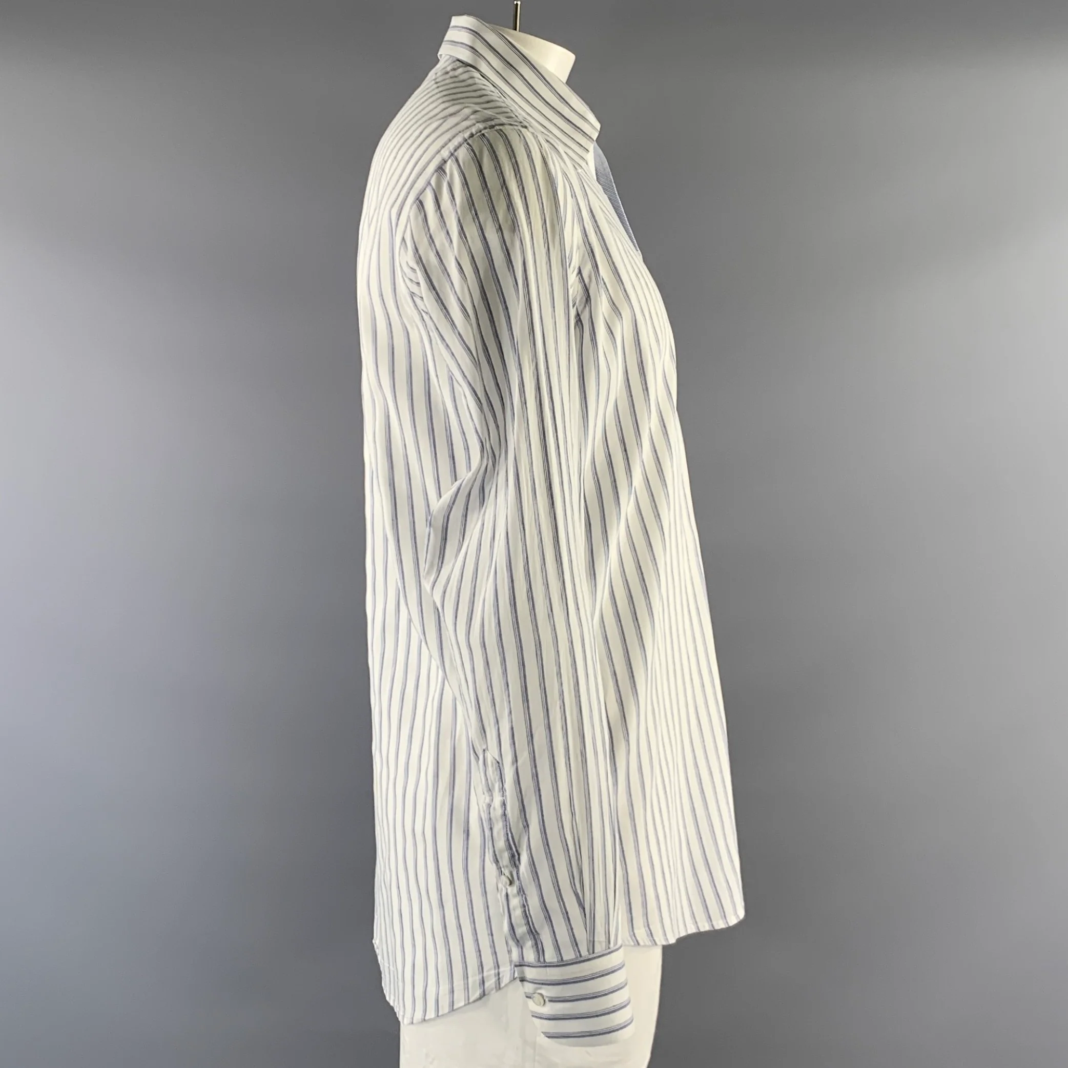 LUCIANO BARBERA Size L White Blue Stripe Linen Blend Camp Long Sleeve Shirt - Image 2