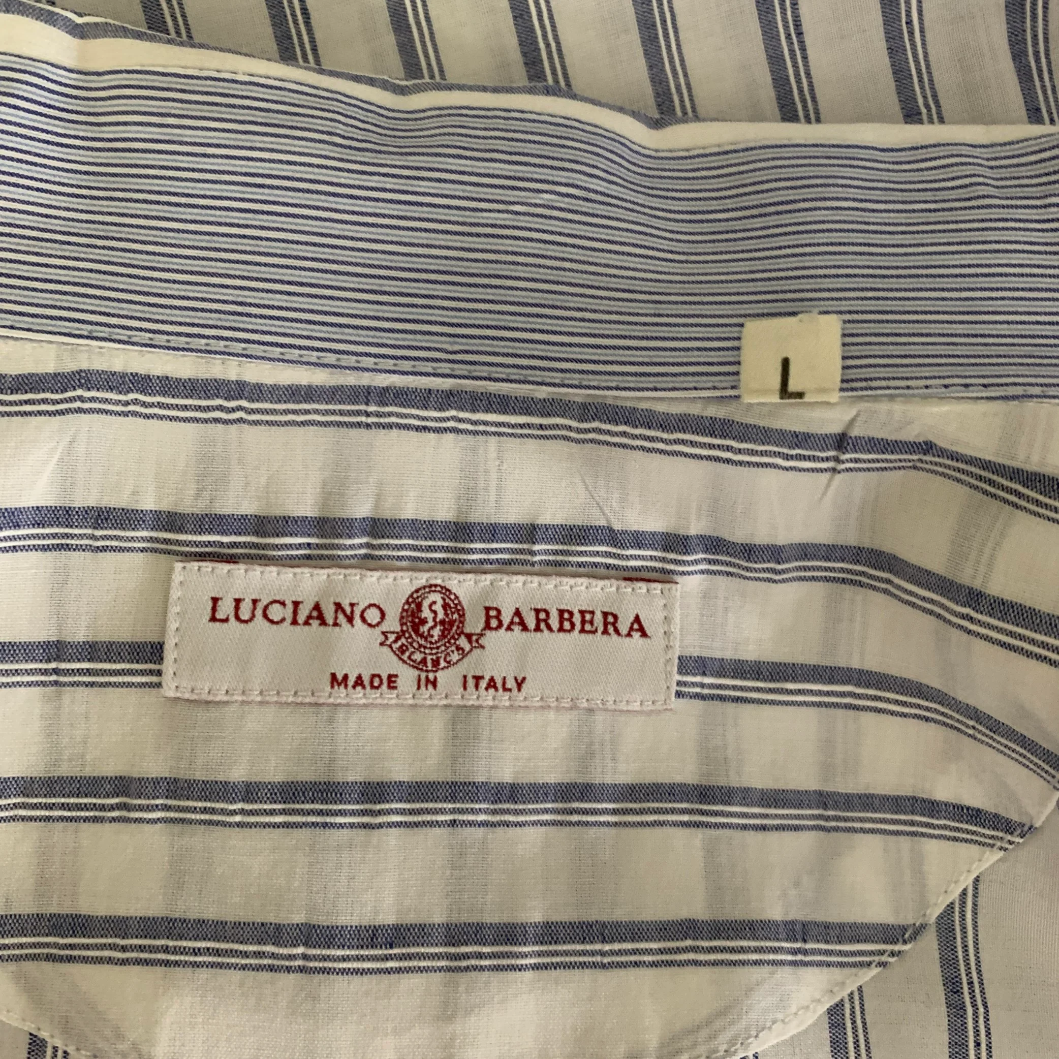 LUCIANO BARBERA Size L White Blue Stripe Linen Blend Camp Long Sleeve Shirt - Image 4