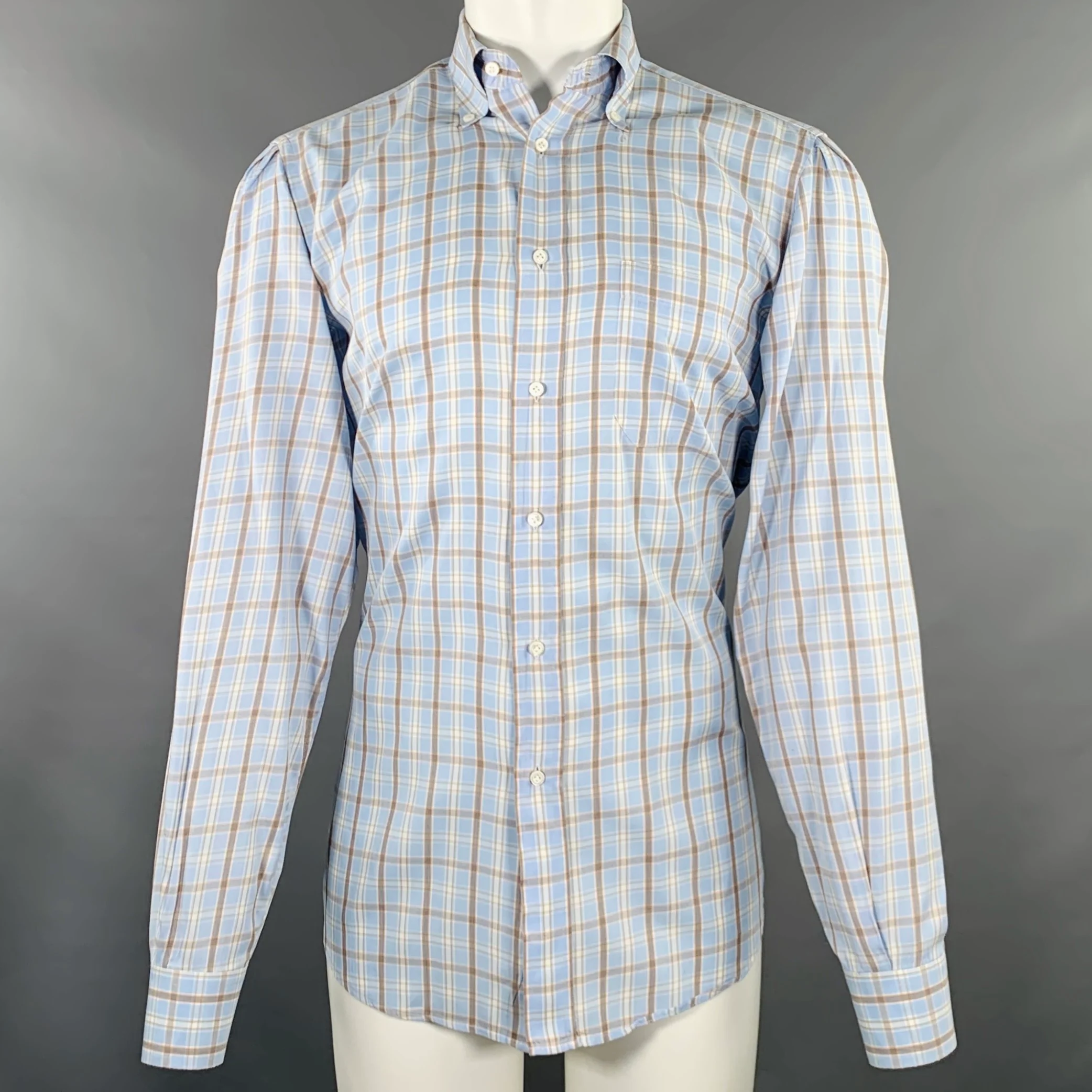 LUCIANO BARBERA Size M Blue Orange Plaid One Pocket Long Sleeve Shirt