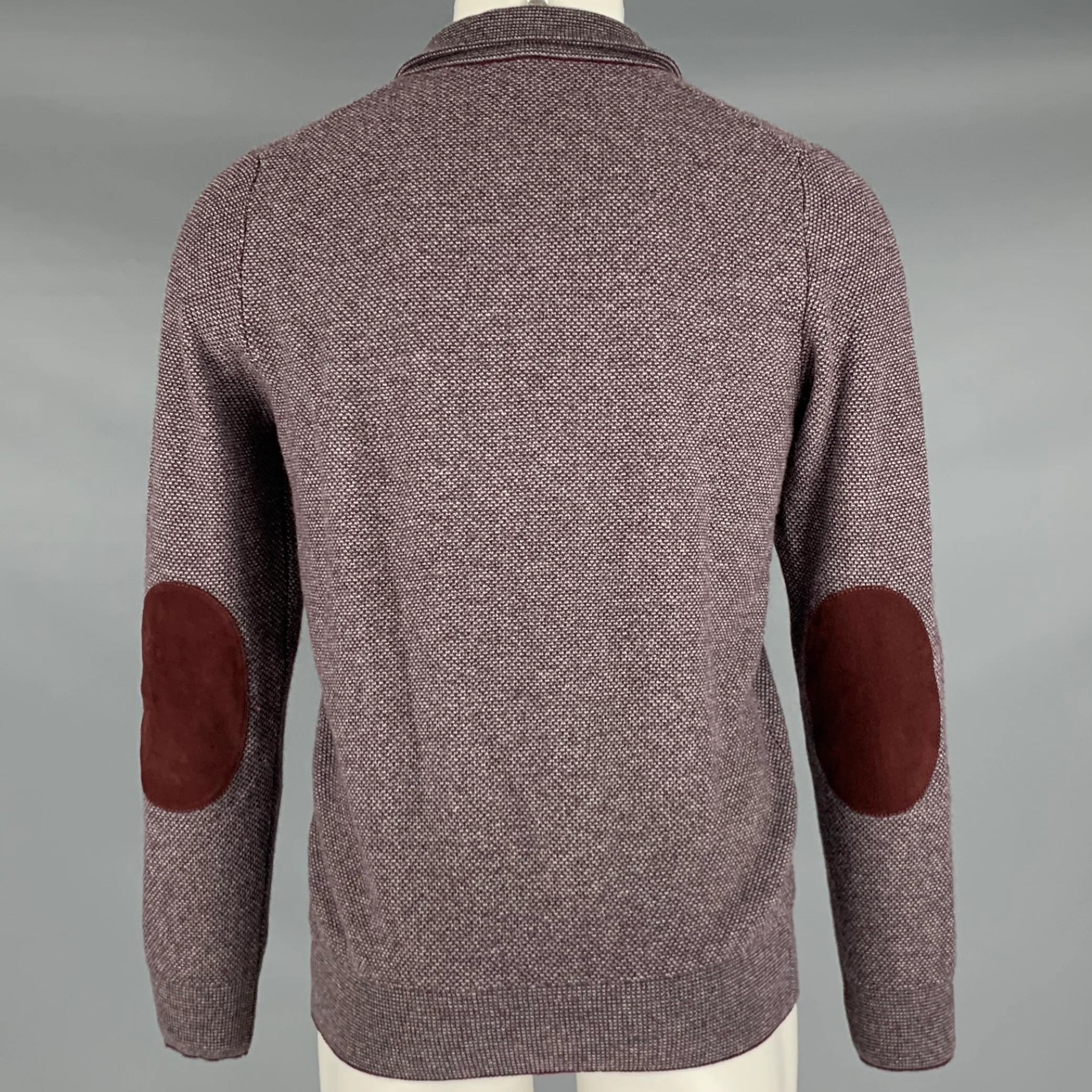 LUCIANO BARBERA Size S Burgundy Grey Knit Cashmere Elbow Patch Half Zip Pullover - Image 3