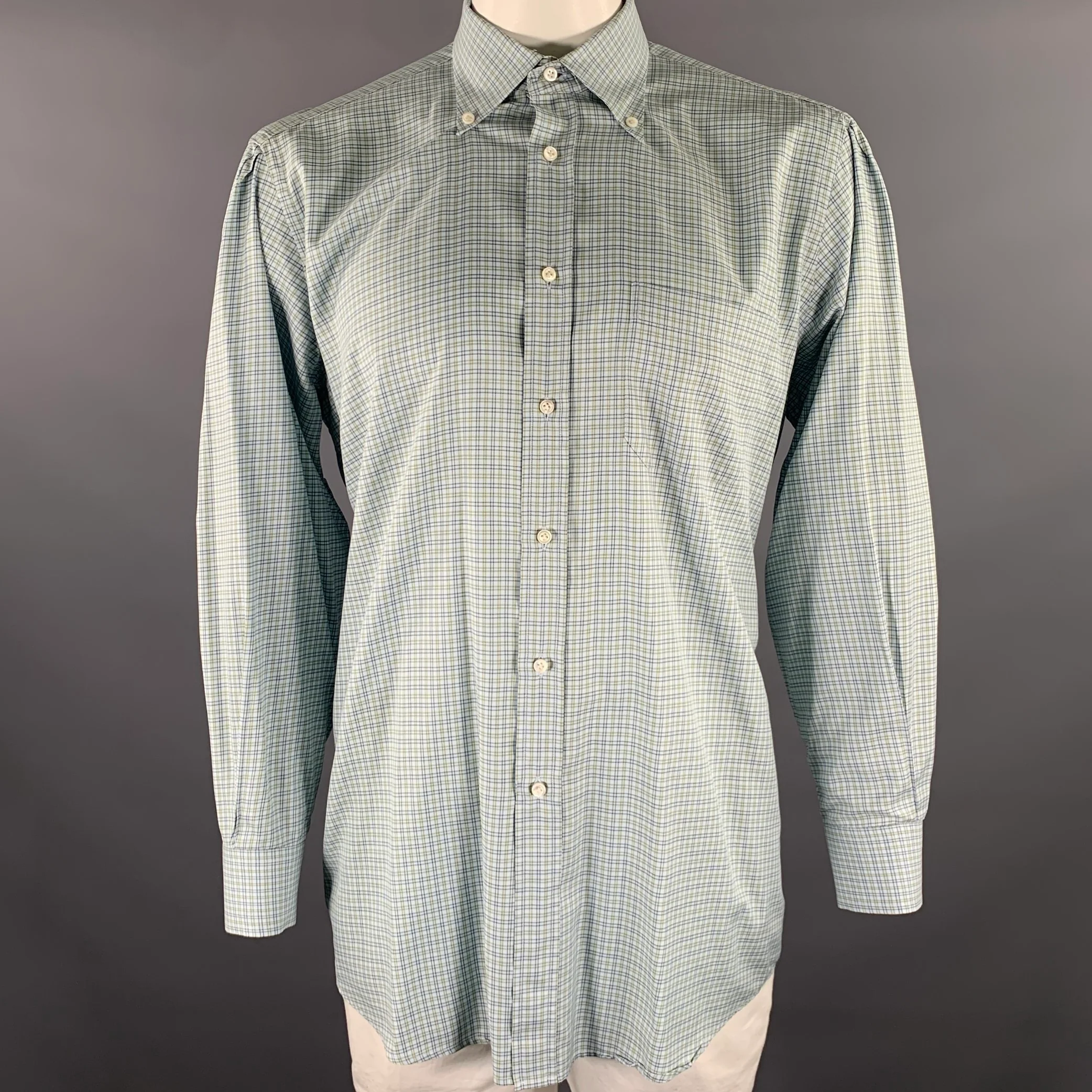 LUCIANO BARBERA Size XXL Blue Green & Yellow Gingham Cotton Long Sleeve Shirt