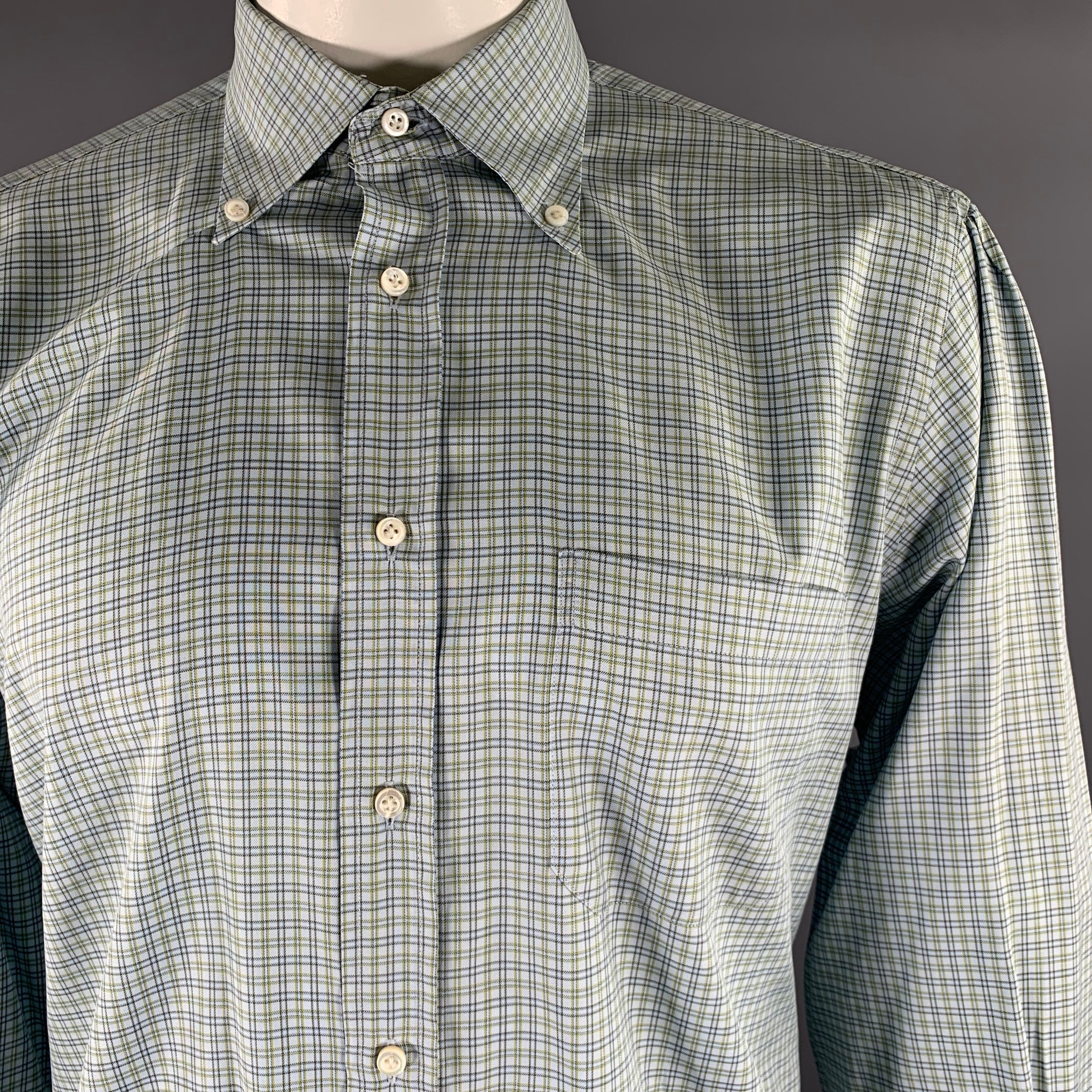 LUCIANO BARBERA Size XXL Blue Green & Yellow Gingham Cotton Long Sleeve Shirt - Image 2