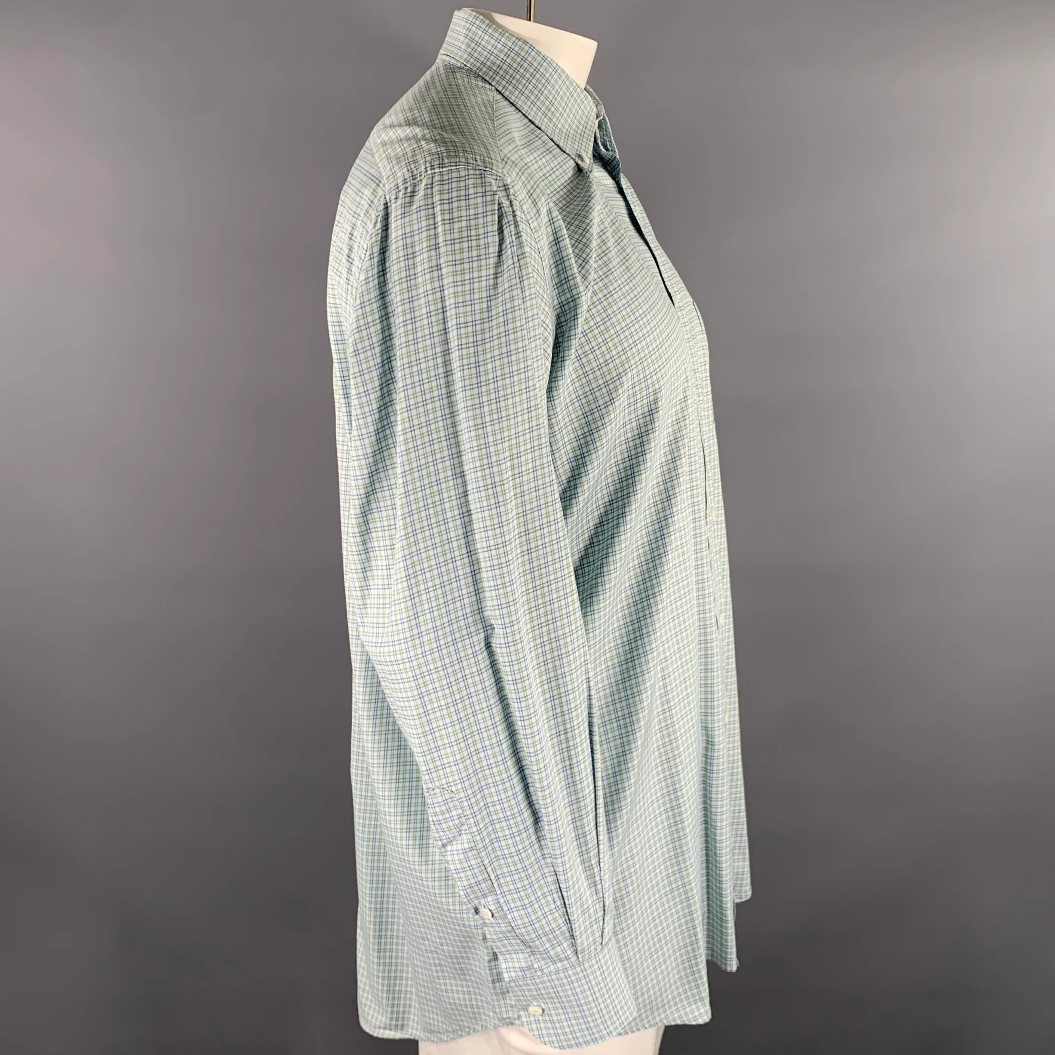 LUCIANO BARBERA Size XXL Blue Green & Yellow Gingham Cotton Long Sleeve Shirt - Image 3