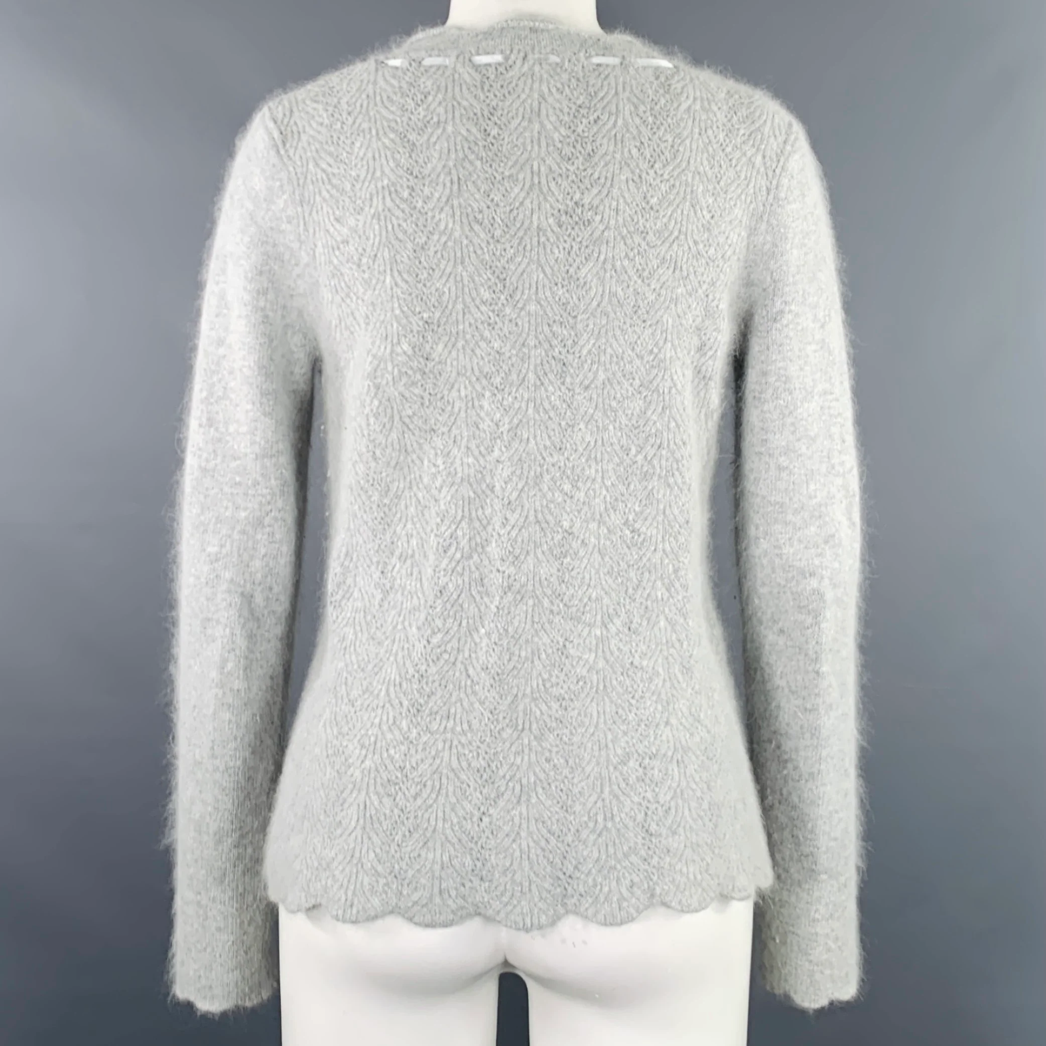 LUCY & LAUREL Size M Grey Nylon Blend Ribbon Trim V-Neck Sweater - Image 4