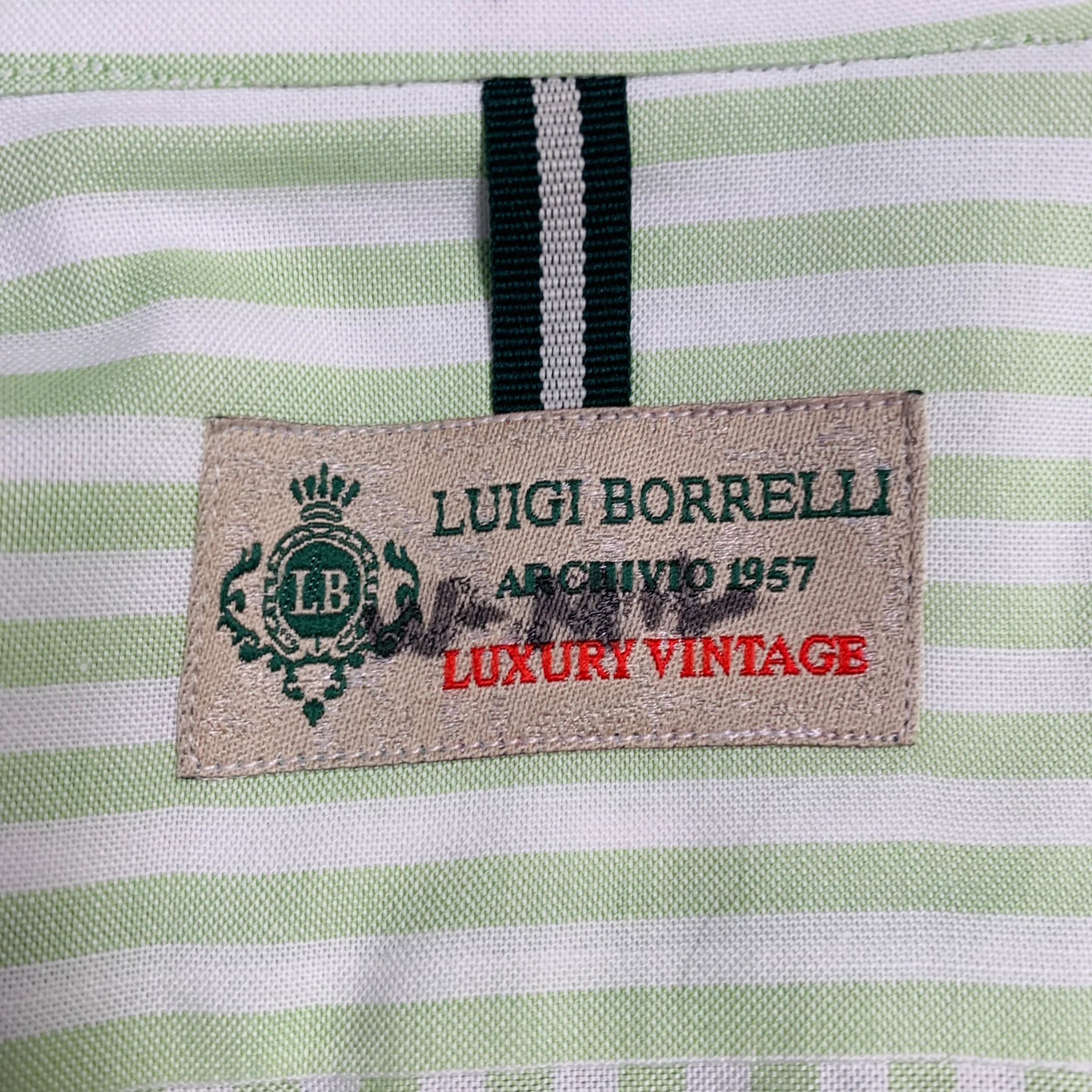 LUIGI BORRELLI Size M Green White Stripe Cotton Curved Cutaway Long Sleeve Shirt - Image 5